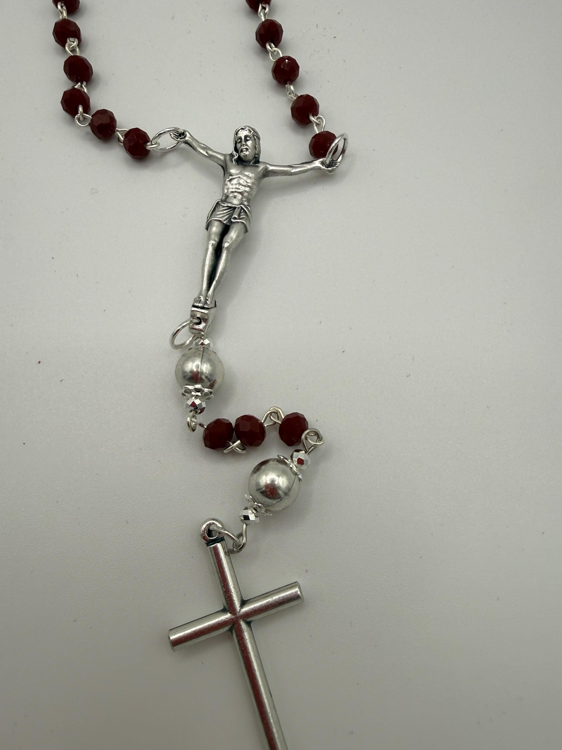 Handmade Catholic Rosary Crucifix | Silver Tone Cross with Red Accent Bead Rosary Crucifix