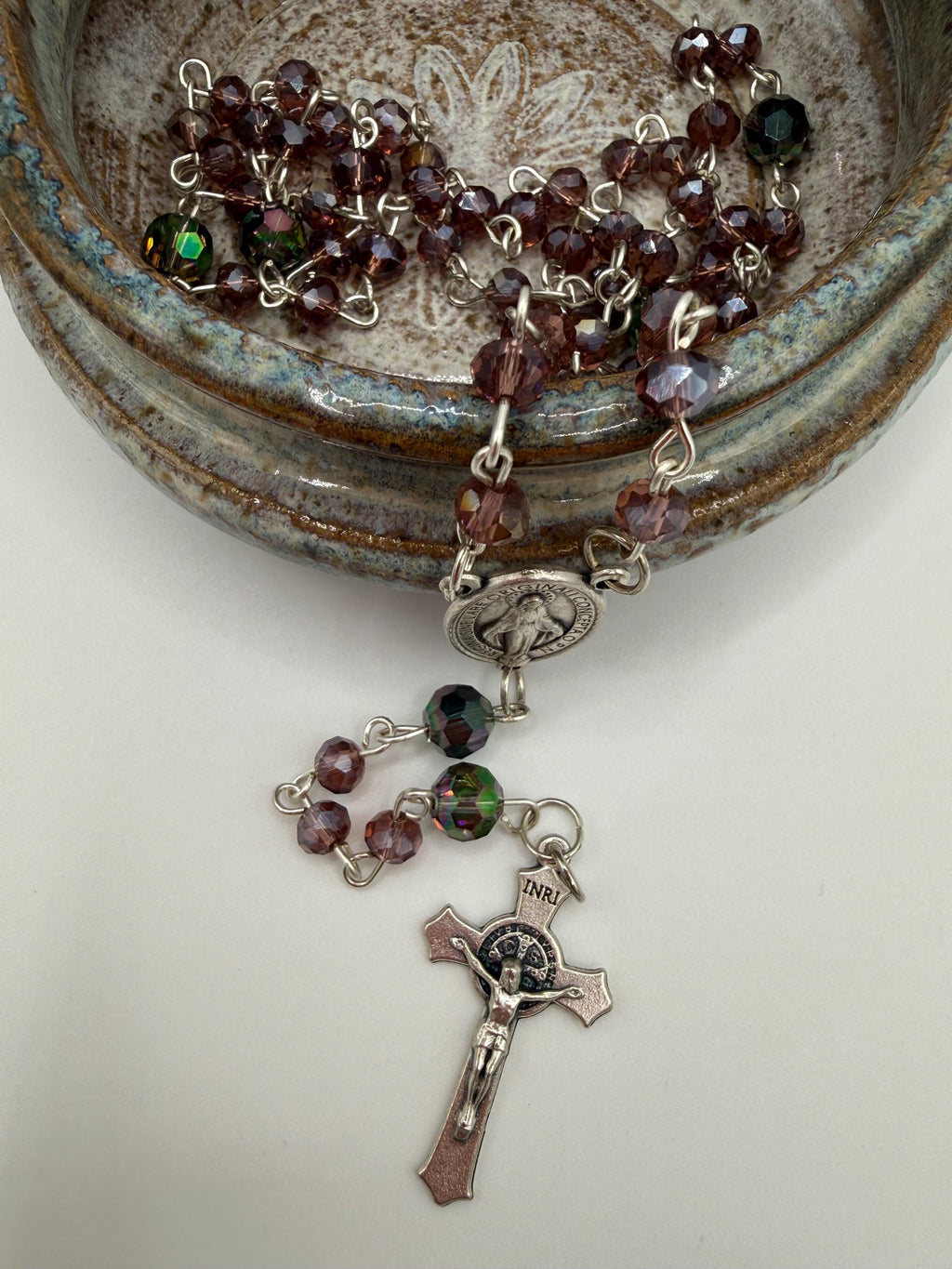 Purple Crystal Rosary, Iridescent Our Father Beads, Miraculous Medal