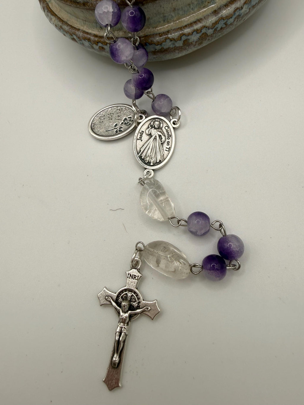 Purple Cracked Glass Rosary with Clear Quartz, Blessed Mother & St. Pope Leo Medal