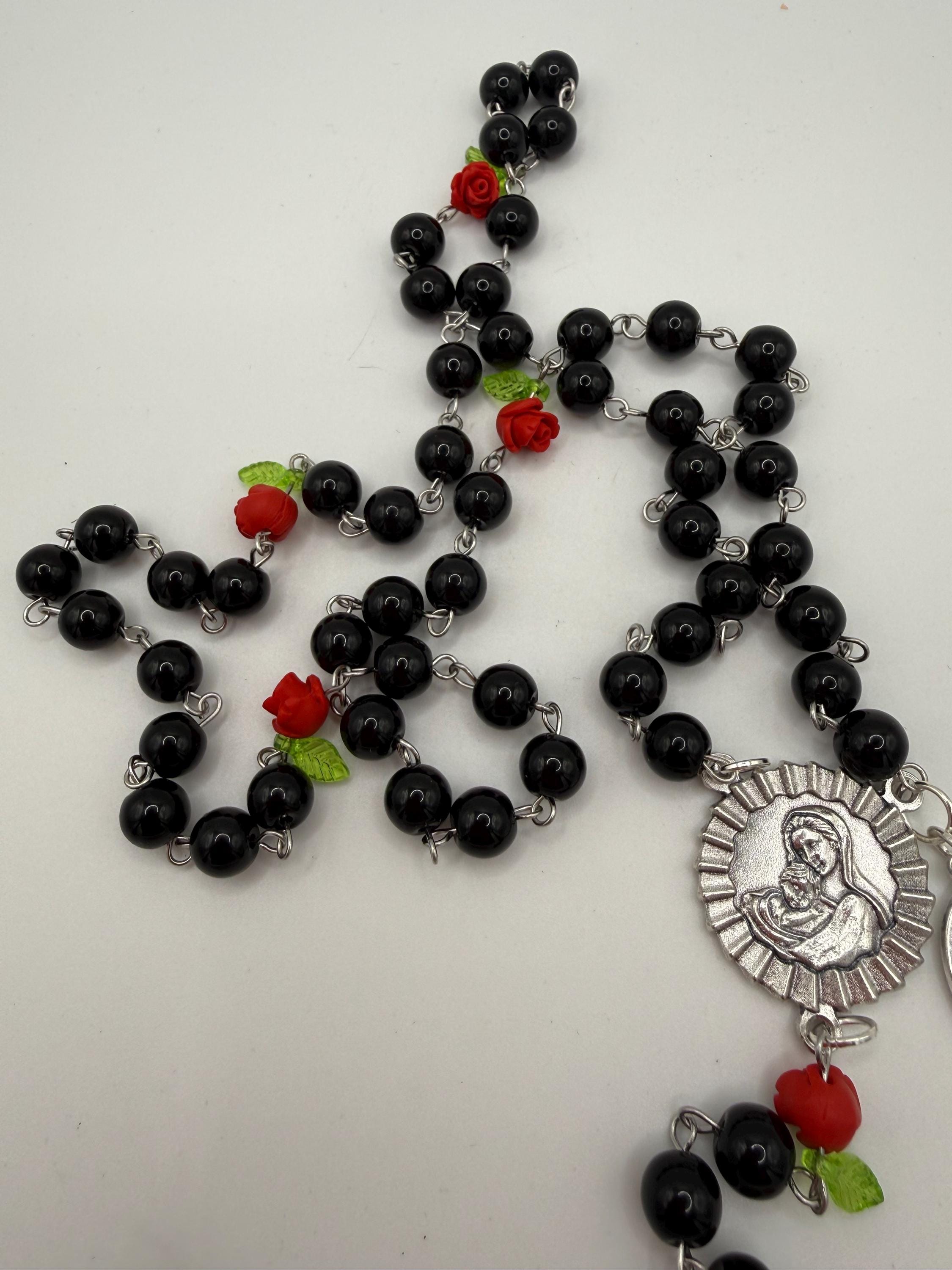 Black Rosary, Red Rose Accents, Madonna & Child, St. Pope Leo Medal