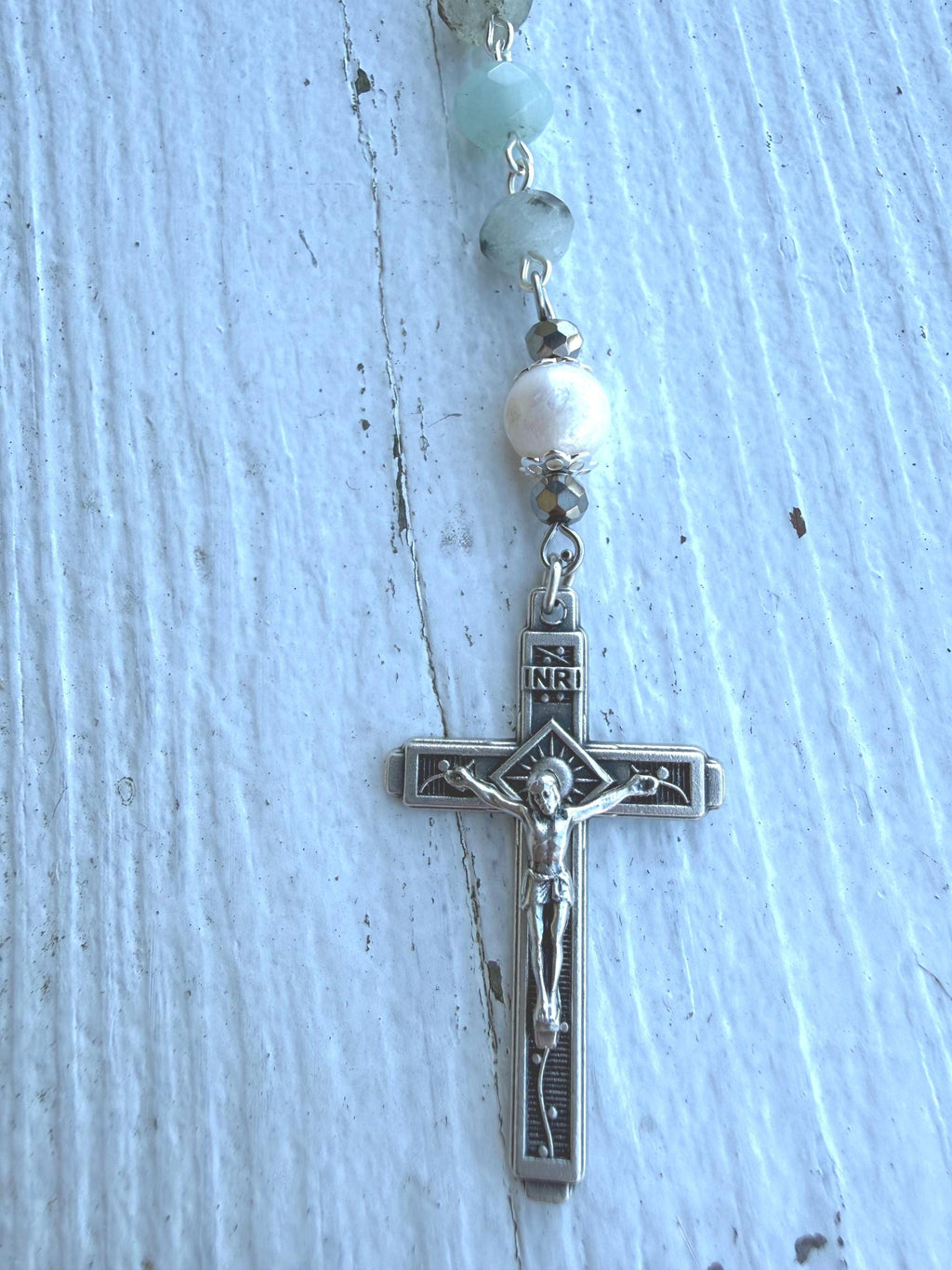 Handmade Amazonite Rosary with Freshwater Pearl Accents - Catholic Rosary Beads - Miraculous Medal