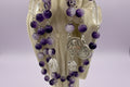 Purple Cracked Glass Rosary with Clear Quartz, Blessed Mother & St. Pope Leo Medal