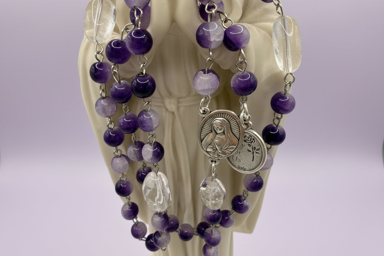 Purple Cracked Glass Rosary with Clear Quartz, Blessed Mother & St. Pope Leo Medal