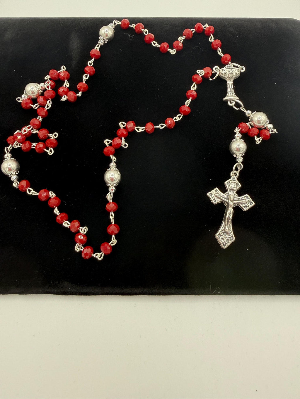 Title: First Communion Red Crystal Rosary - Chalice Centerpiece and Pardon Crucifix