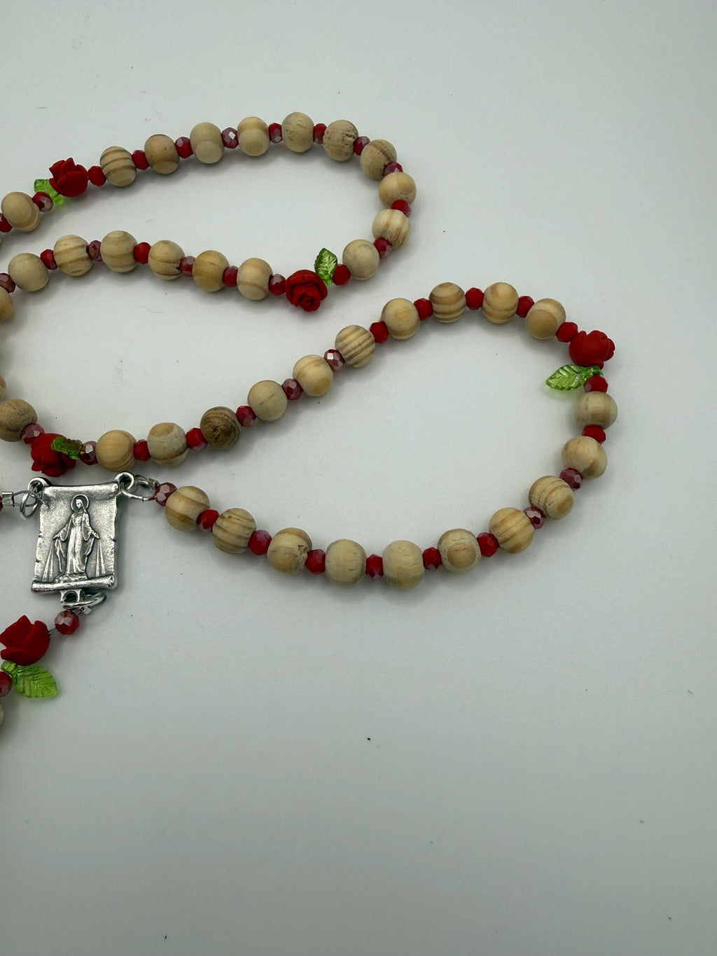 Wooden Rosary, Red Crystal Spacers, Rose Our Father Beads