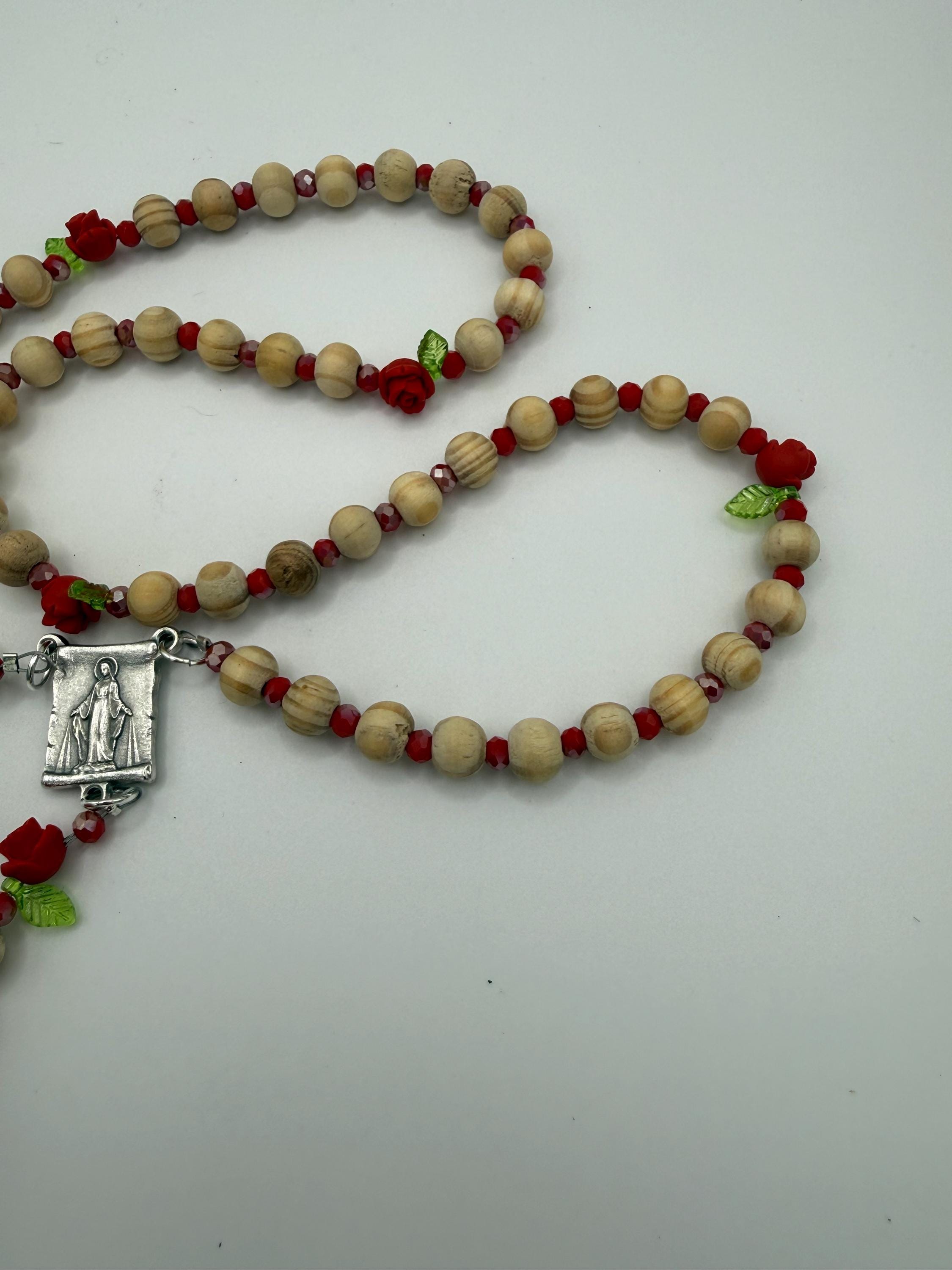 Wooden Rosary, Red Crystal Spacers, Rose Our Father Beads
