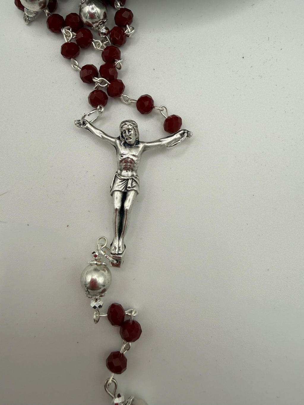 Handmade Catholic Rosary Crucifix | Silver Tone Cross with Red Accent Bead Rosary Crucifix