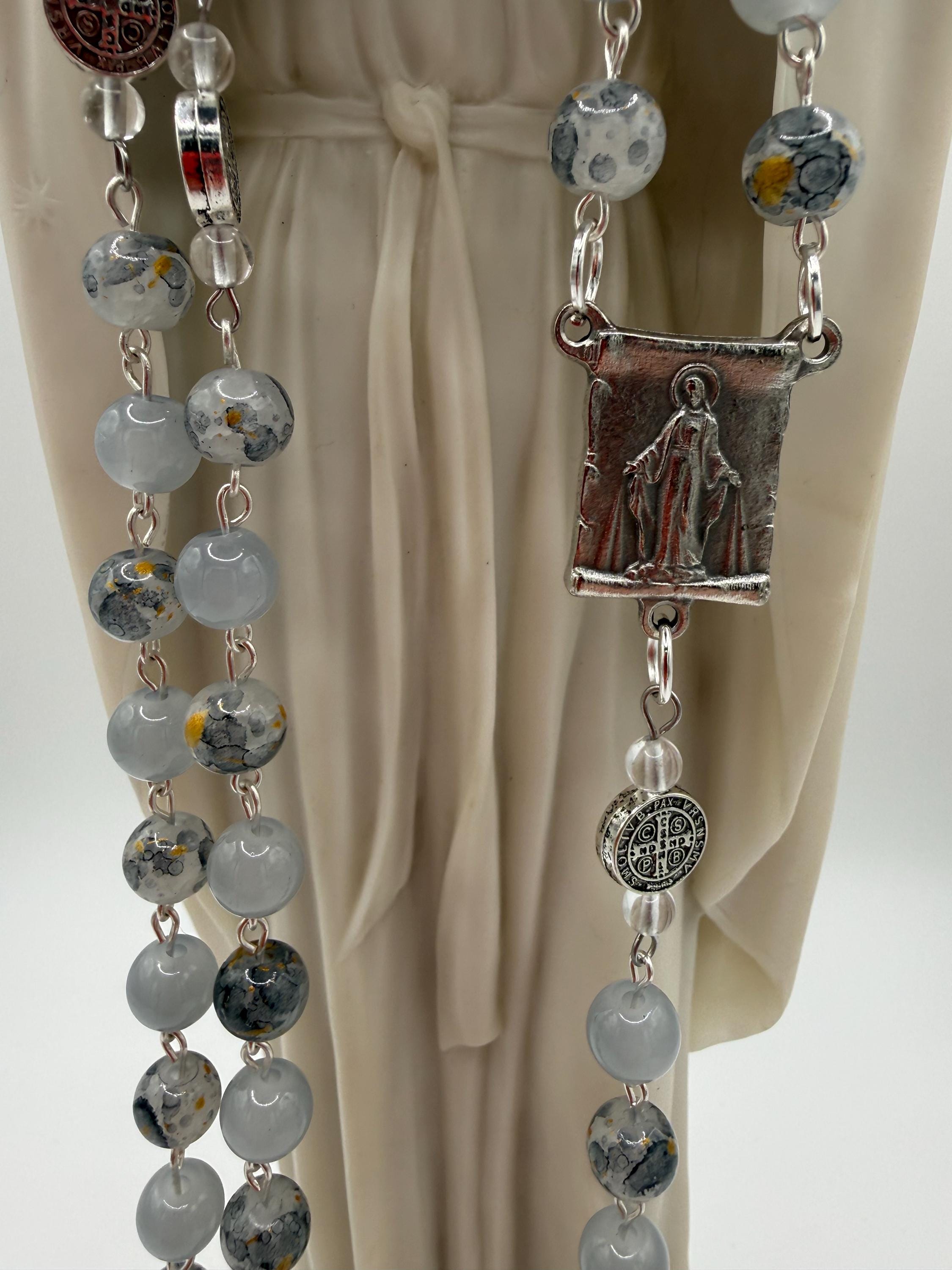 Gray Glass Rosary, Miraculous Medal, St. Benedict Accents, Silver Crucifix