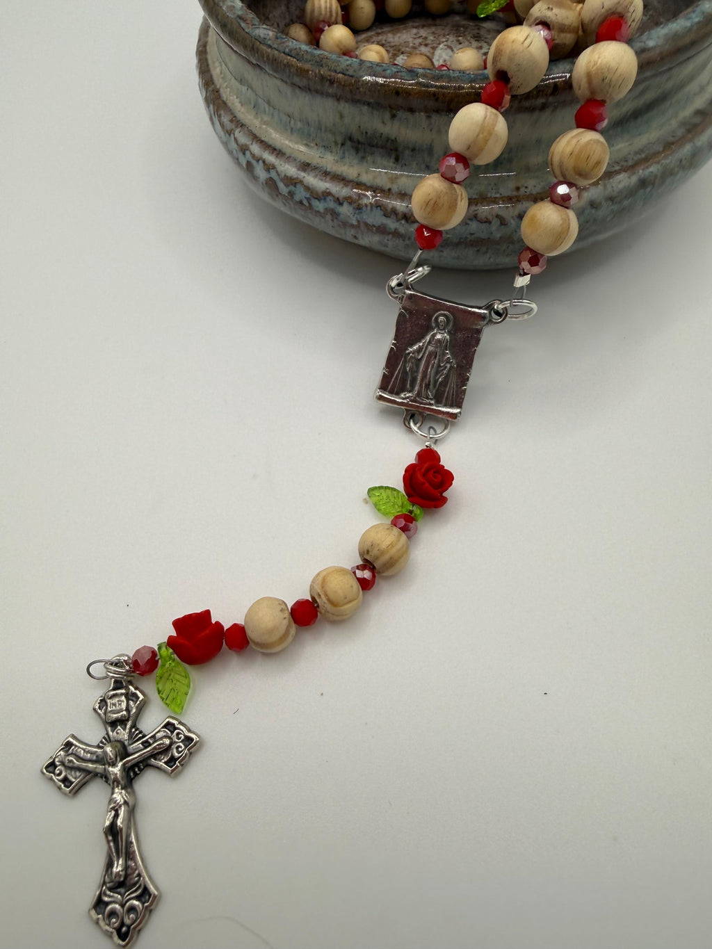 Wooden Rosary, Red Crystal Spacers, Rose Our Father Beads