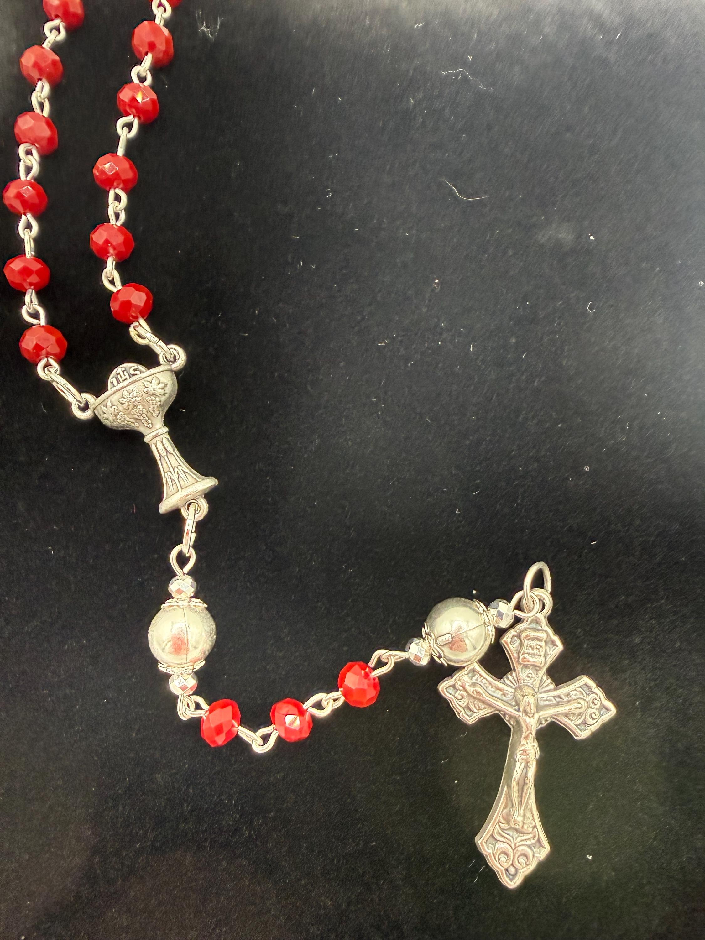 Title: First Communion Red Crystal Rosary - Chalice Centerpiece and Pardon Crucifix