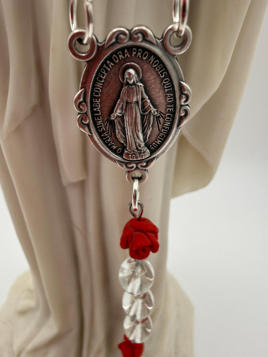 Clear Glass Rosary, Red Rose Beads, Miraculous Medal