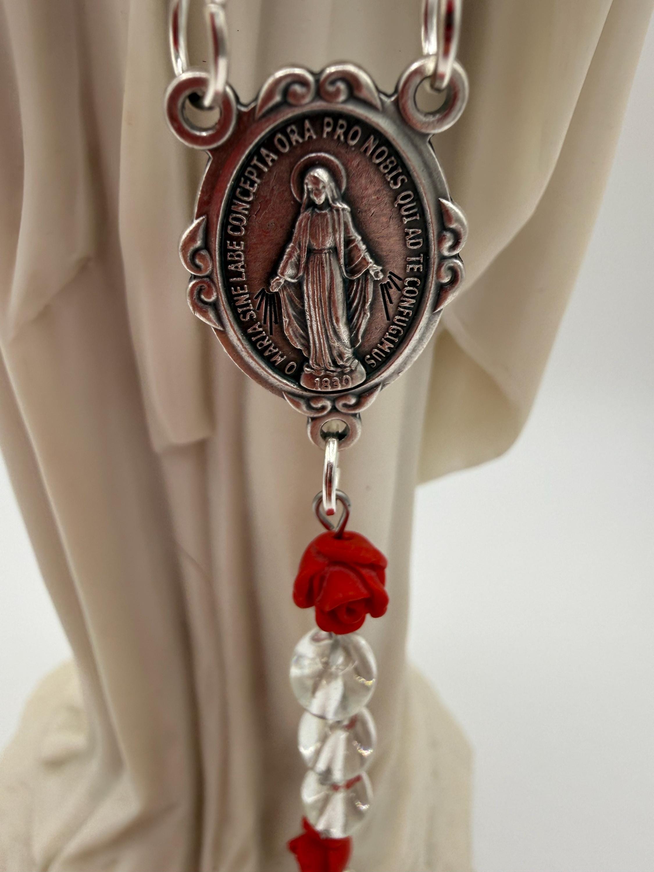 Clear Glass Rosary, Red Rose Beads, Miraculous Medal