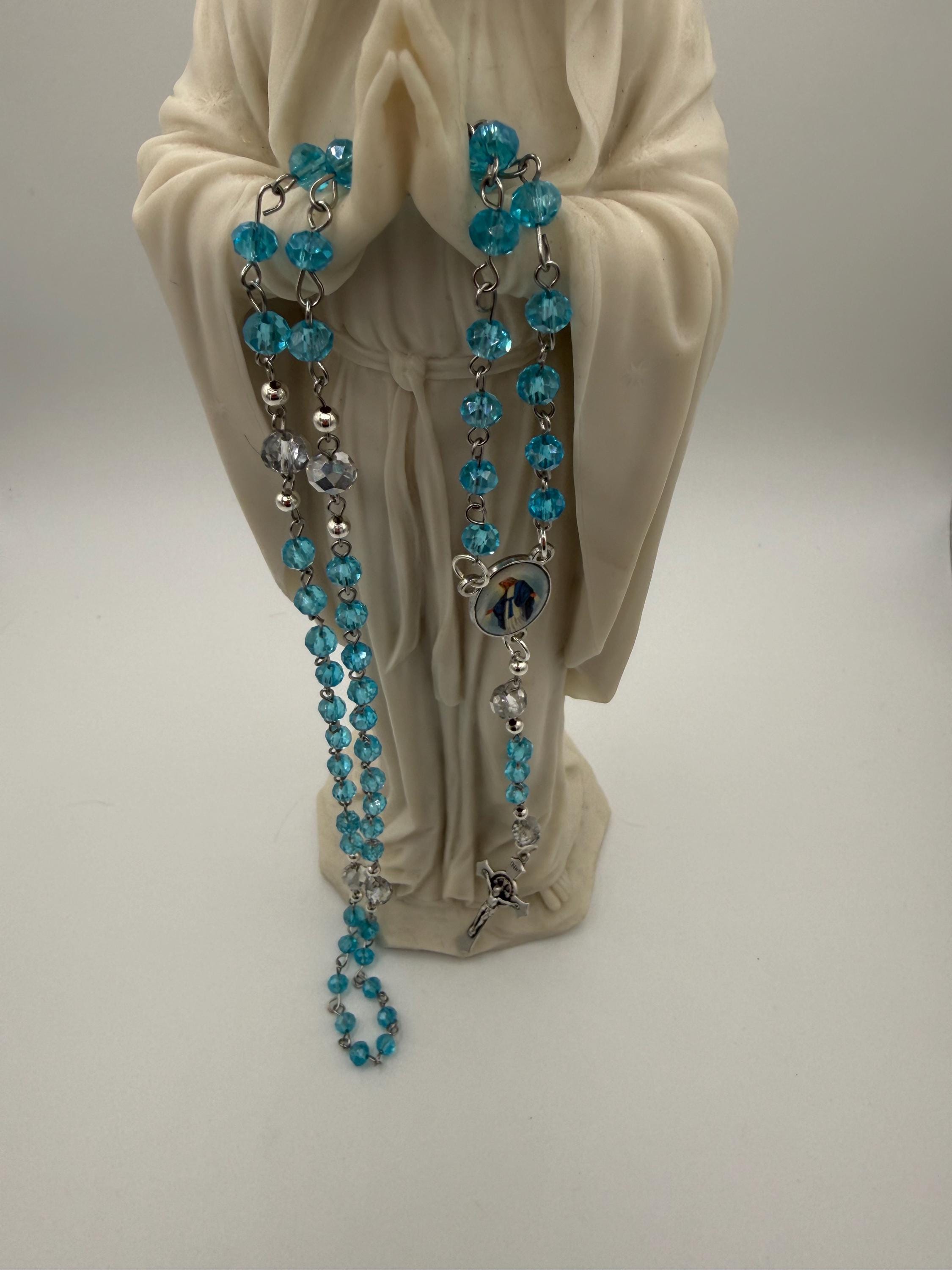 Light Blue Crystal Rosary with Mother Mary Centerpiece.