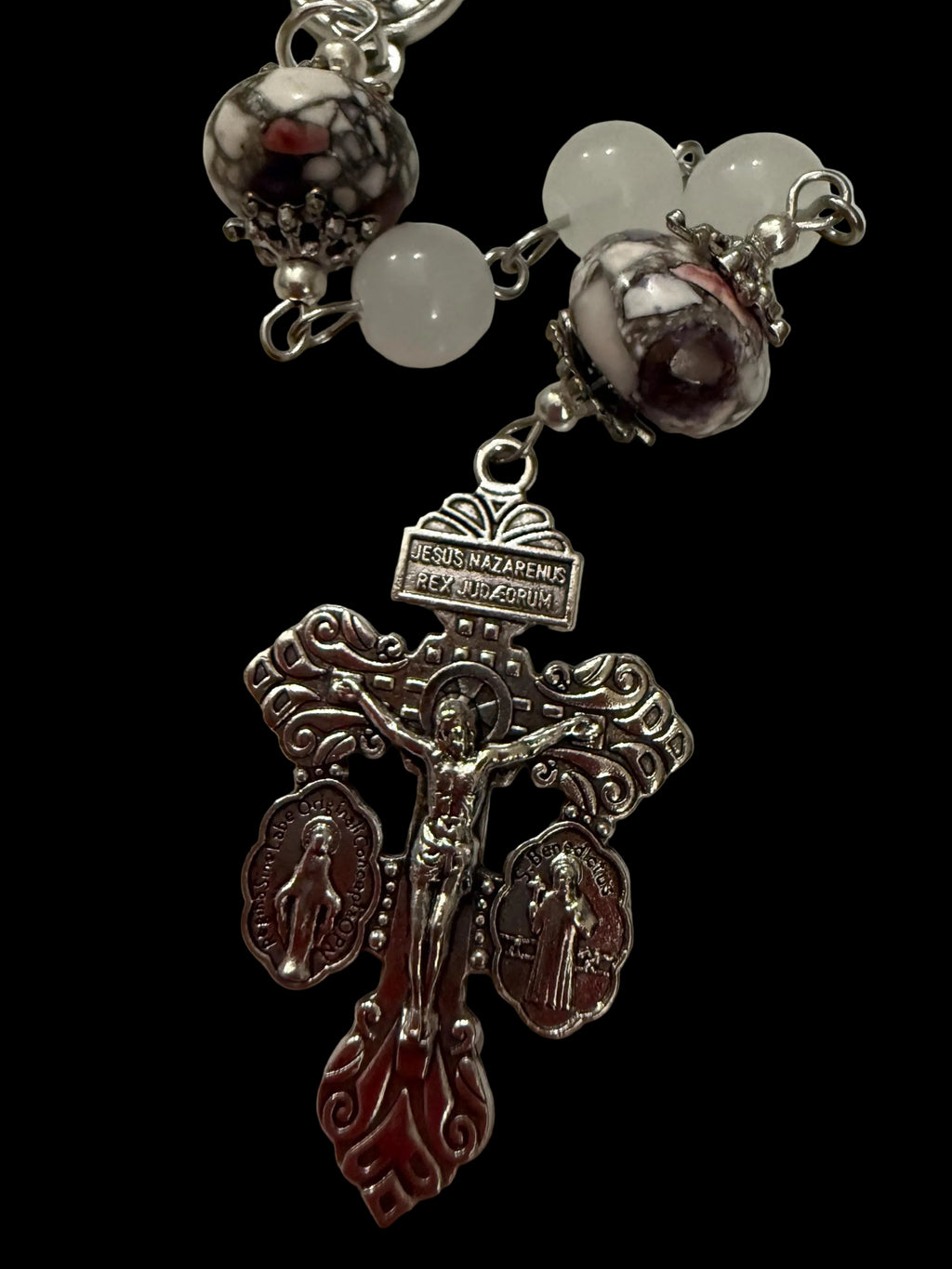 White Stone Rosary with Silver-Capped Accent Marble “Our Father” Beads.