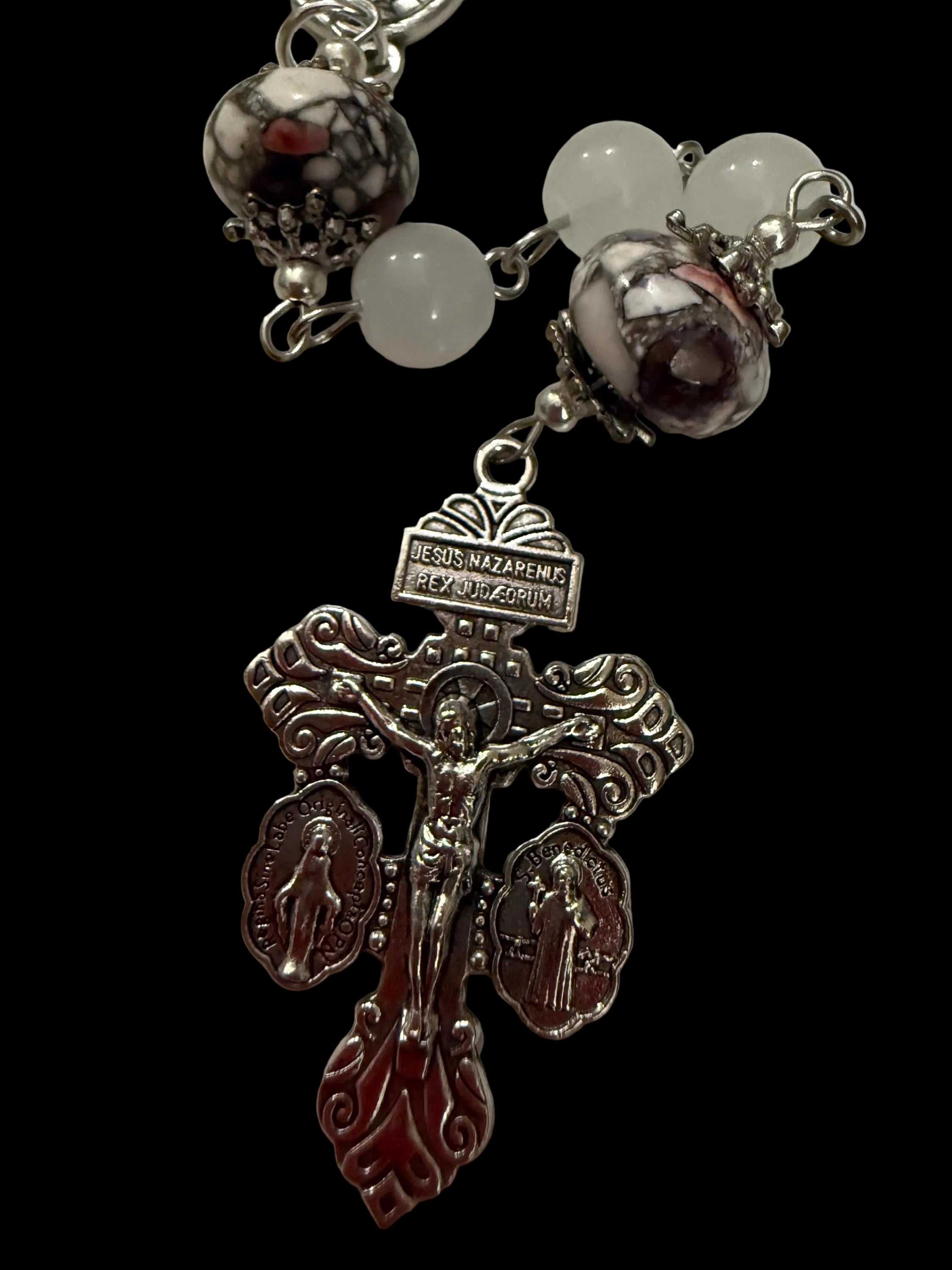 White Stone Rosary with Silver-Capped Accent Marble “Our Father” Beads.