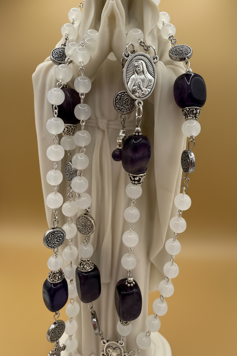 White Catholic Rosary with Glass and Amethyst Beads