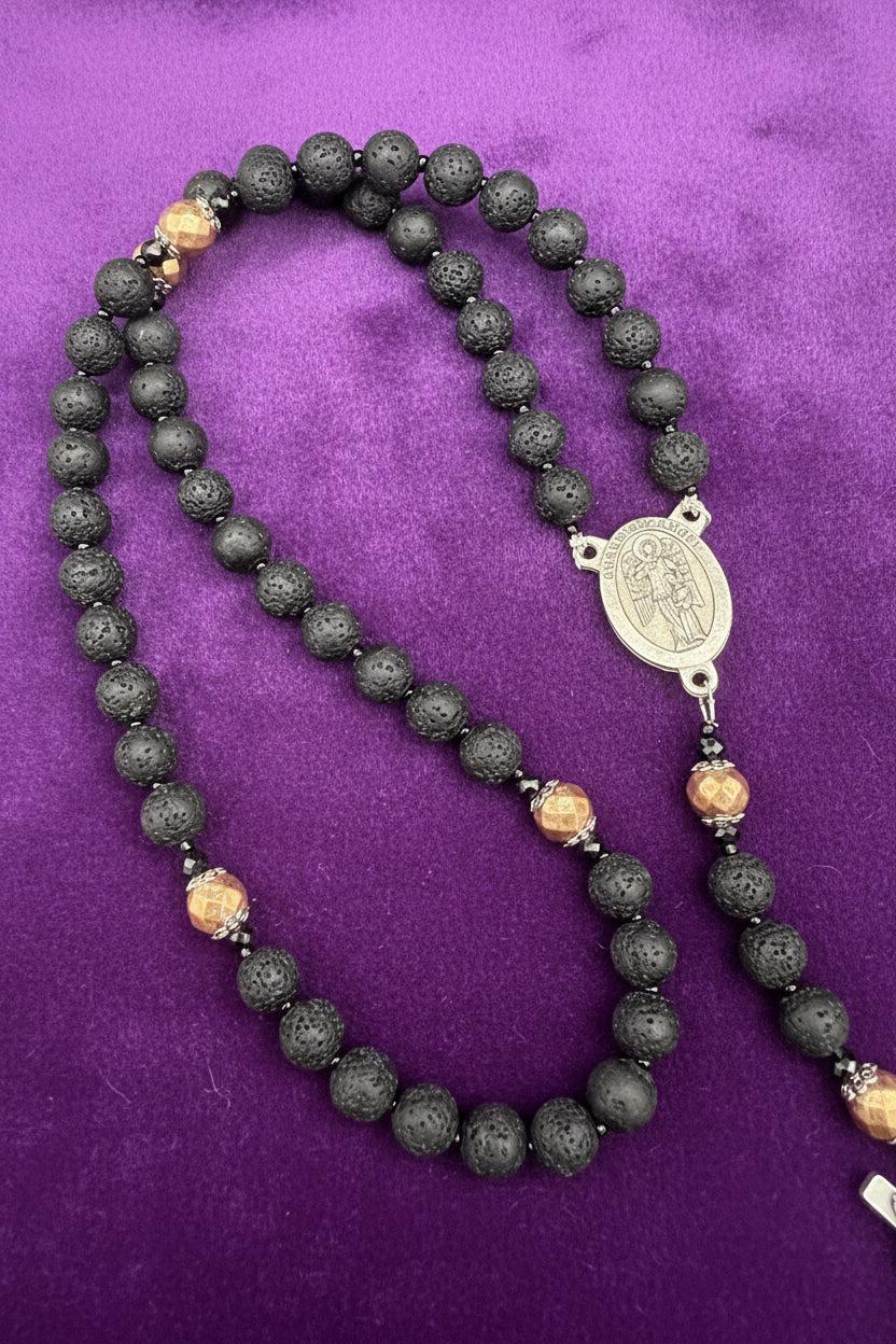 Men's Lava Rock Rosary - Silver Guardian Angel & INRI Crucifix - Essential Oil Diffuser Rosary