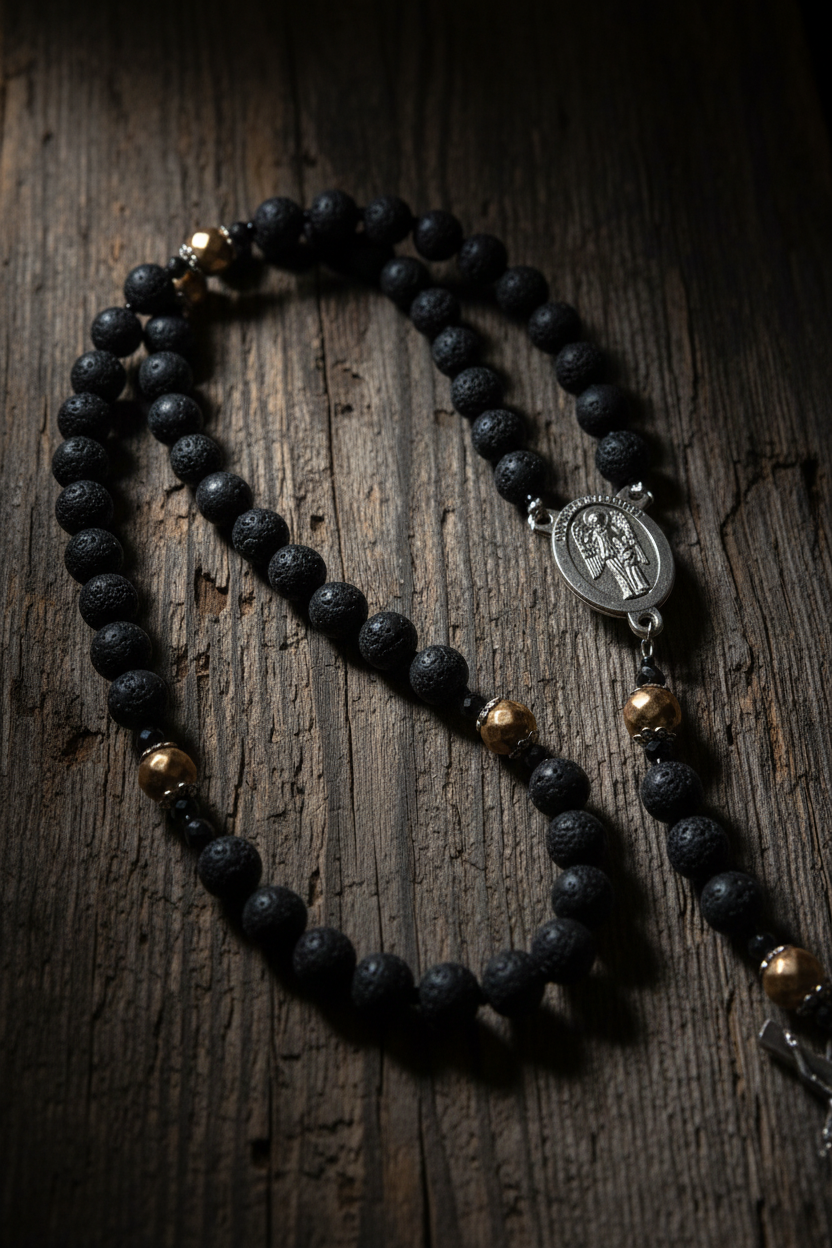 Men's Lava Rock Rosary - Silver Guardian Angel & INRI Crucifix - Essential Oil Diffuser Rosary