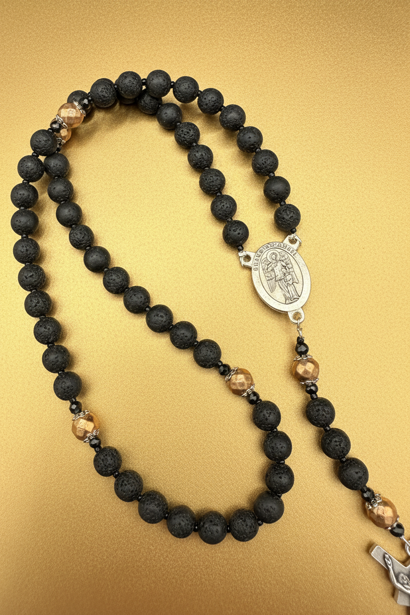 Men's Lava Rock Rosary - Silver Guardian Angel & INRI Crucifix - Essential Oil Diffuser Rosary