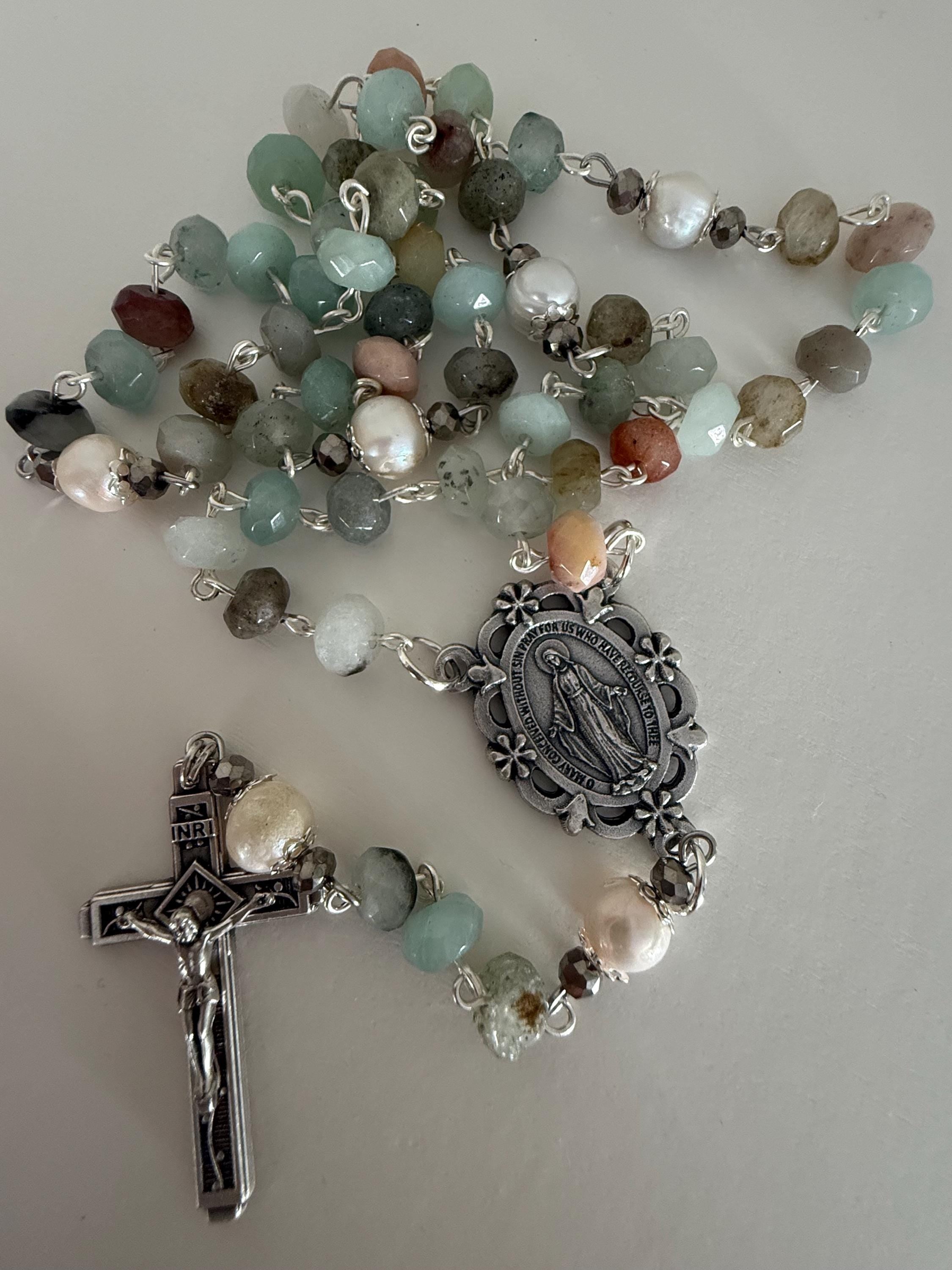 Handmade Amazonite Rosary with Freshwater Pearl Accents - Catholic Rosary Beads - Miraculous Medal