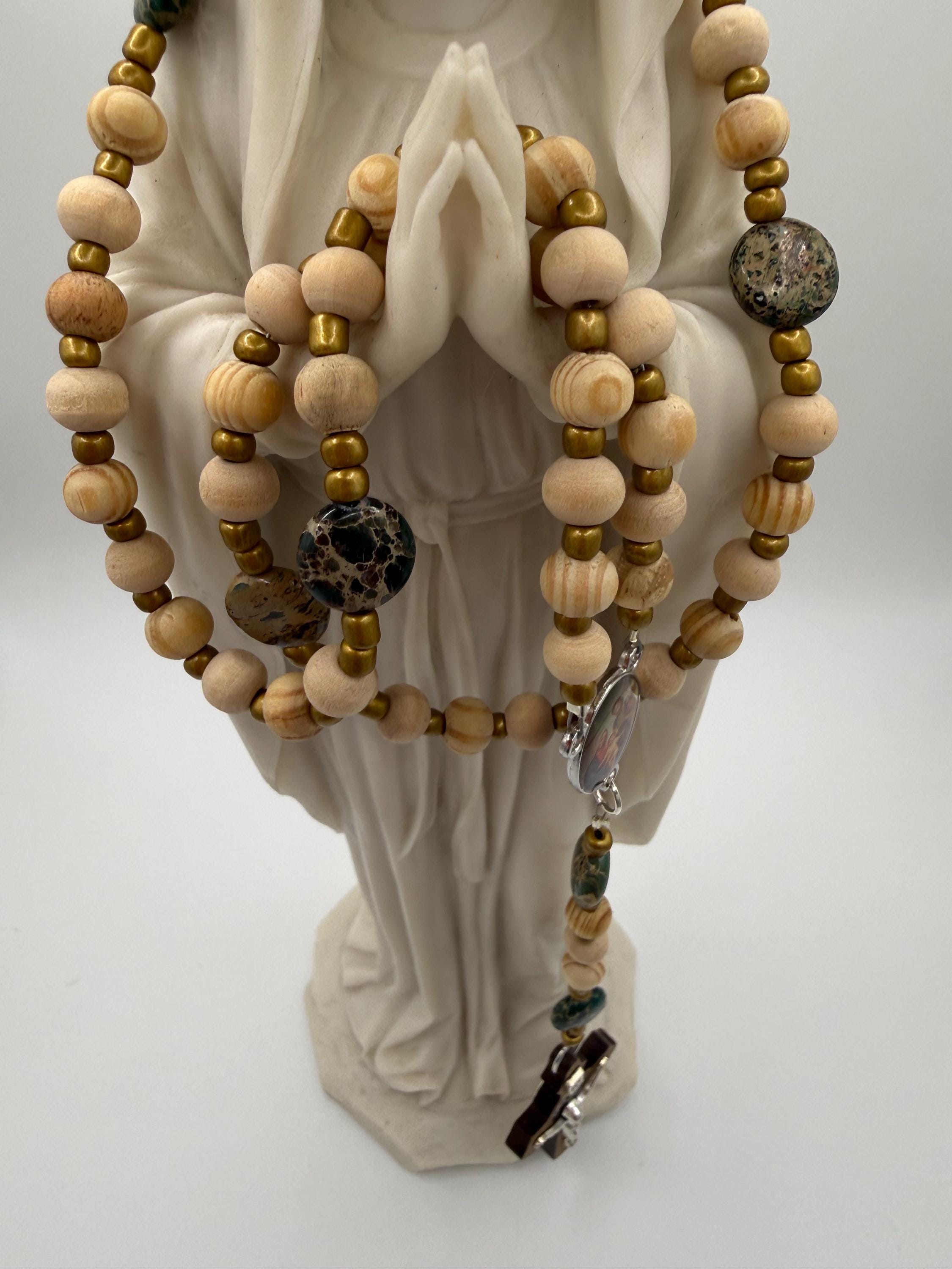 Handmade Green Bead Rosary with Wood & Silver Crucifix – Catholic Prayer Rosary