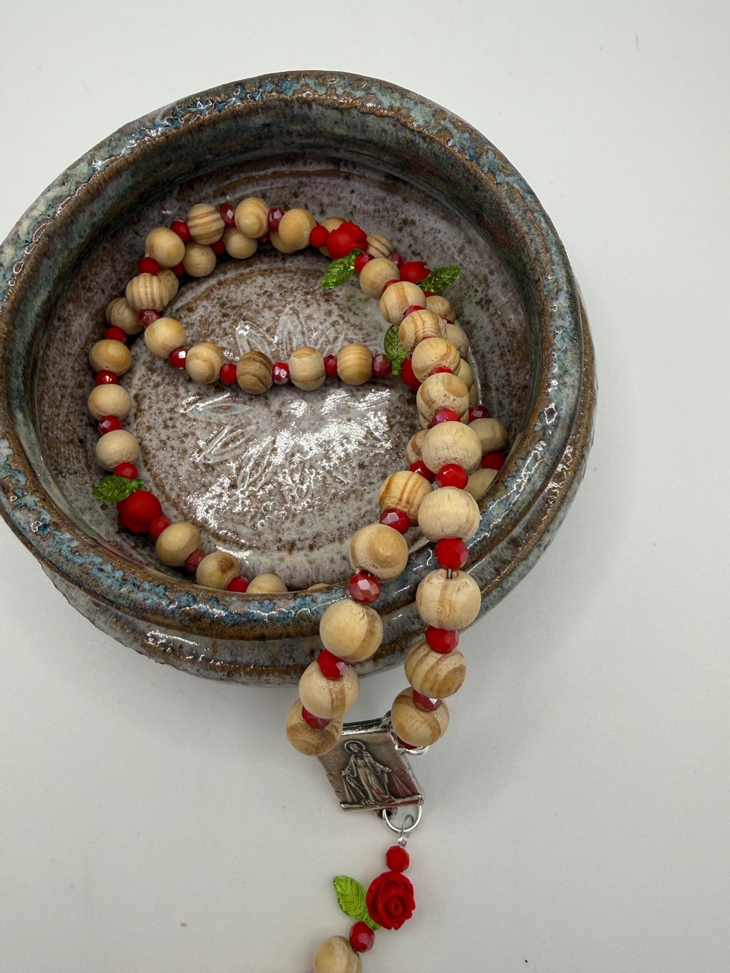Wooden Rosary, Red Crystal Spacers, Rose Our Father Beads