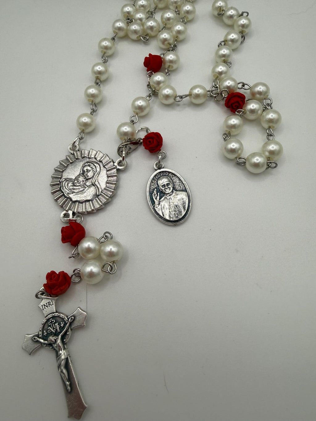Pearl Like and Red Rose Handmade Rosary Catholic with Madonna Center & Crucifix Gift