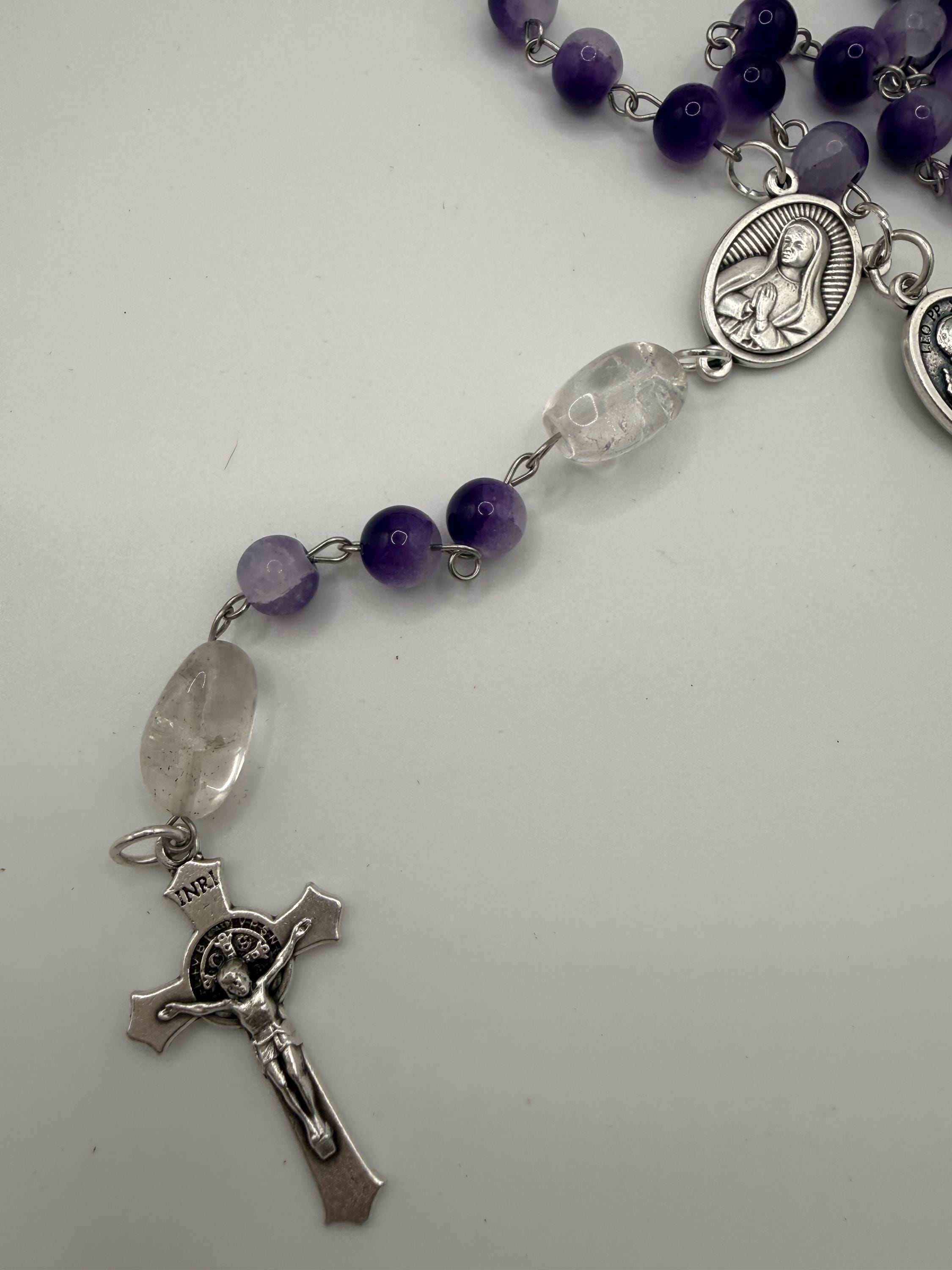 Purple Cracked Glass Rosary with Clear Quartz, Blessed Mother & St. Pope Leo Medal