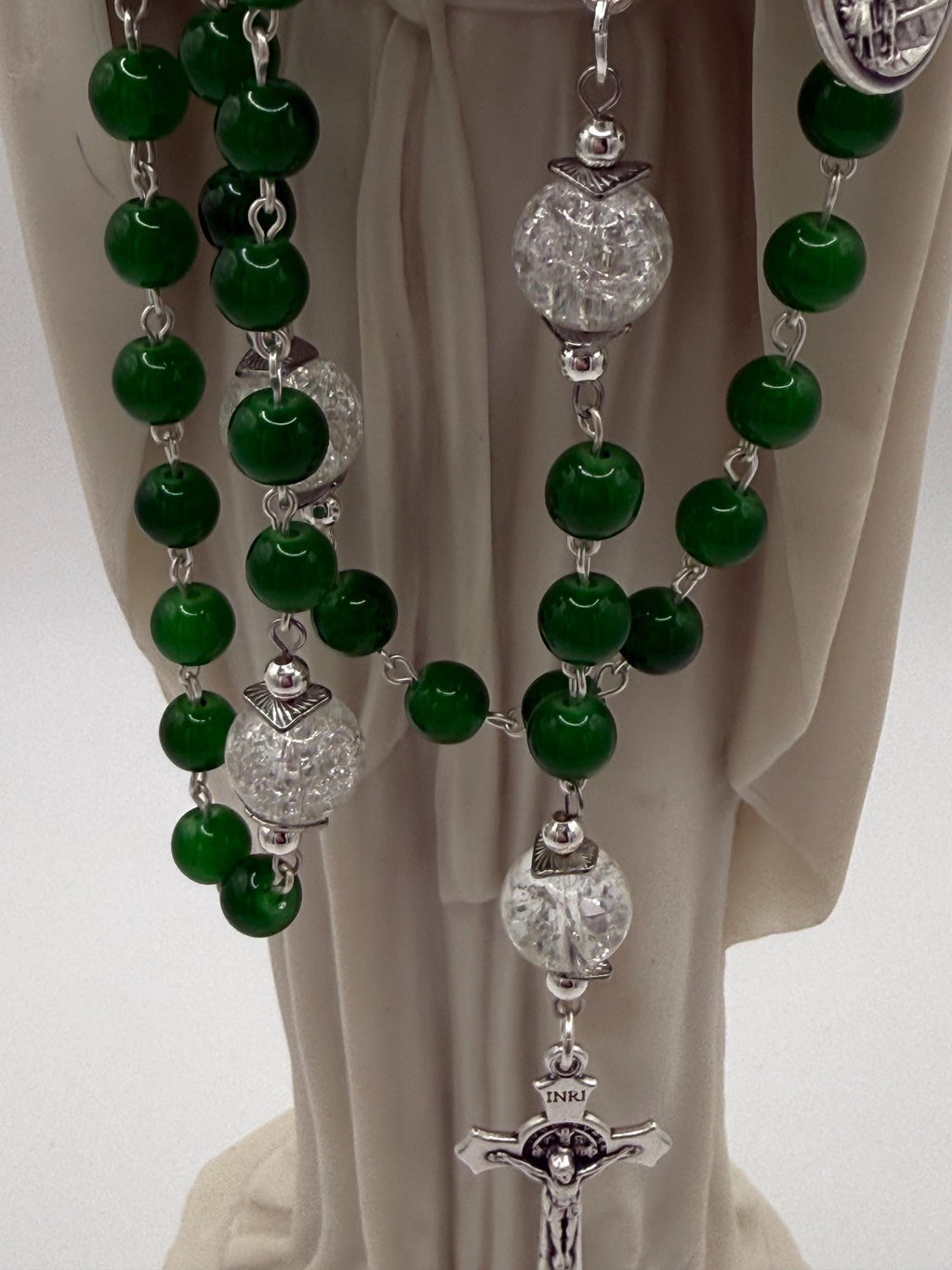 Handmade Green Rosary with Crackle Glass Beads, Miraculous Medal & Crucifix