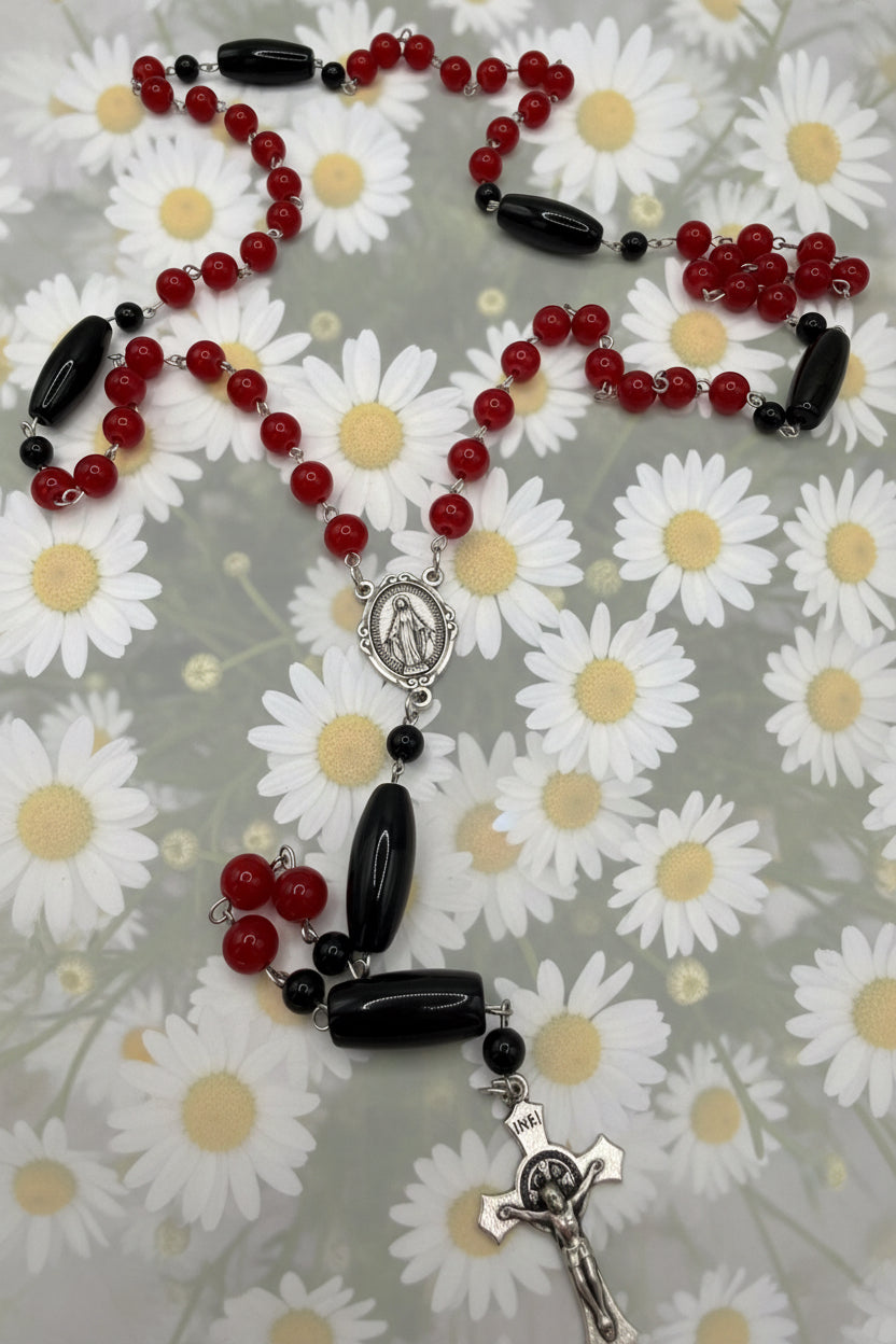 Catholic Red Glass Beads and Vintage Black Agate Beads