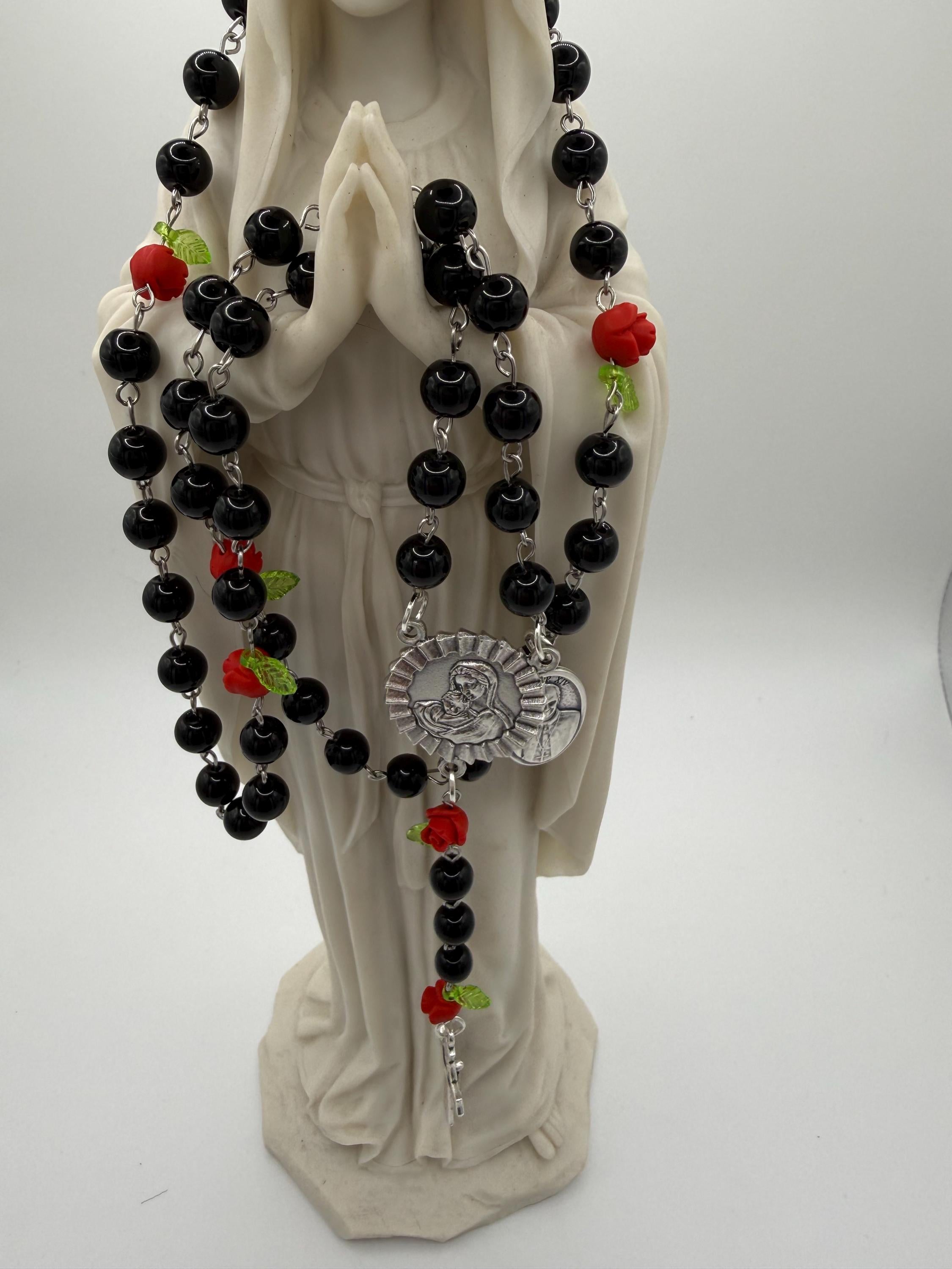 Black Rosary, Red Rose Accents, Madonna & Child, St. Pope Leo Medal