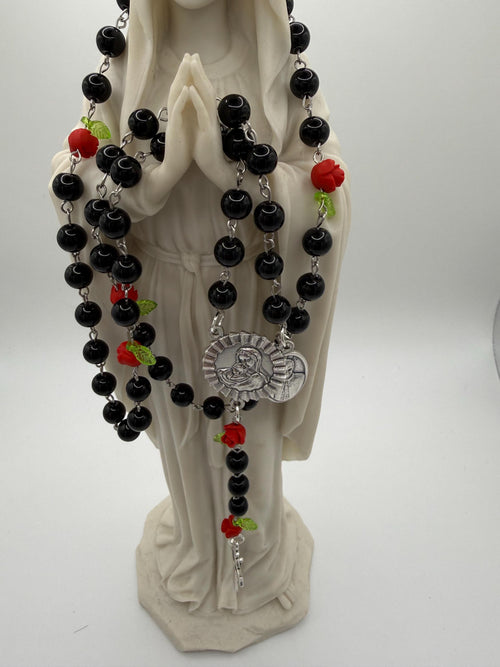 Black Rosary, Red Rose Accents, Madonna & Child, St. Pope Leo Medal