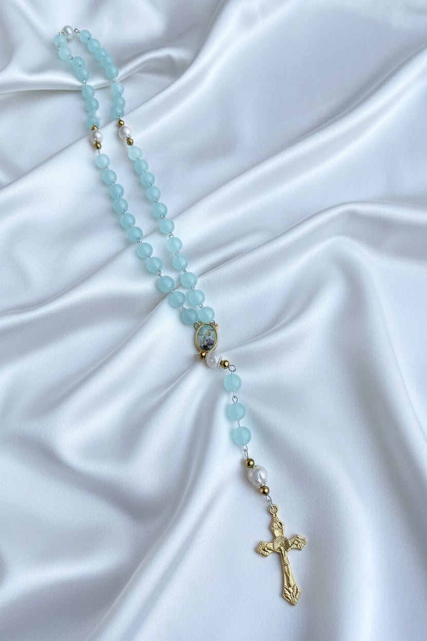 Child Baptism Rosary – Soft Blue Glass Beads, Gold Accents, Marian Centerpiece, Keepsake Christening Rosary
