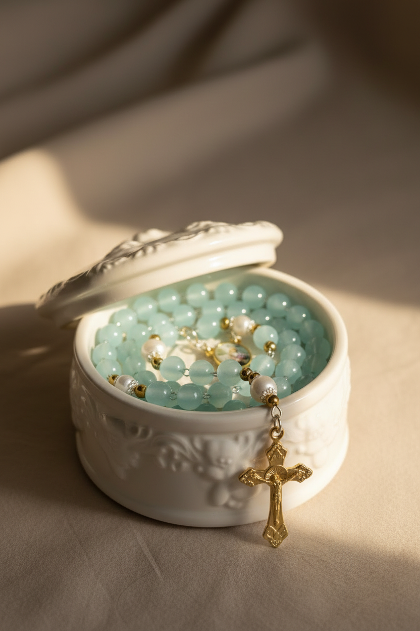 Child Baptism Rosary – Soft Blue Glass Beads, Gold Accents, Marian Centerpiece, Keepsake Christening Rosary