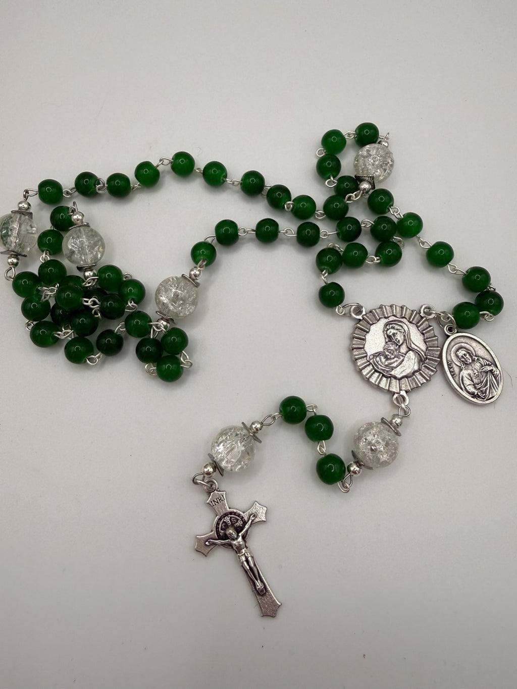 Handmade Green Rosary with Crackle Glass Beads, Miraculous Medal & Crucifix