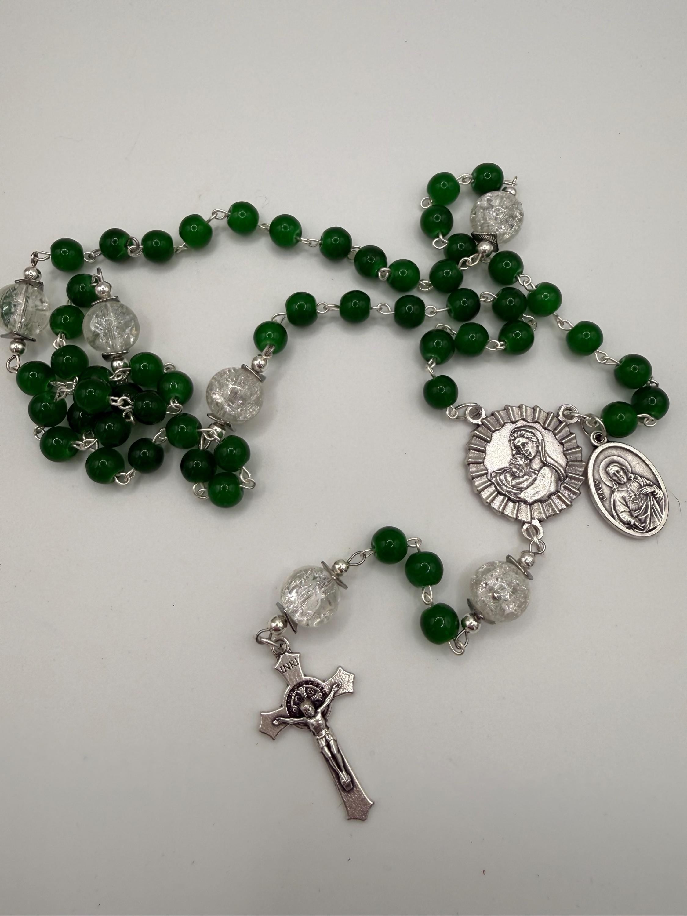 Handmade Green Rosary with Crackle Glass Beads, Miraculous Medal & Crucifix