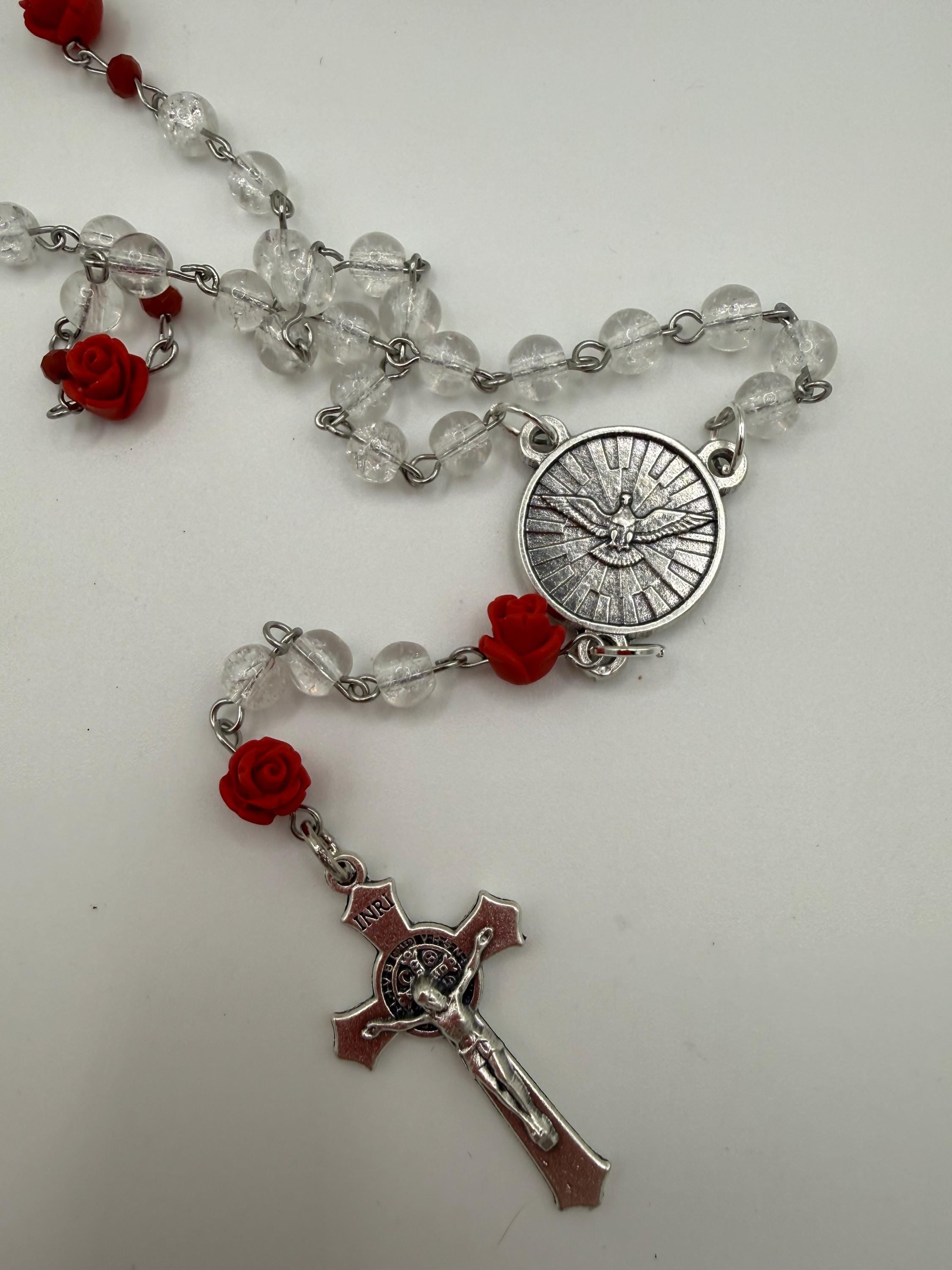 Clear Crackle Glass Rosary, Red Rose Beads, Holy Spirit Center, St. Benedict Crucifix