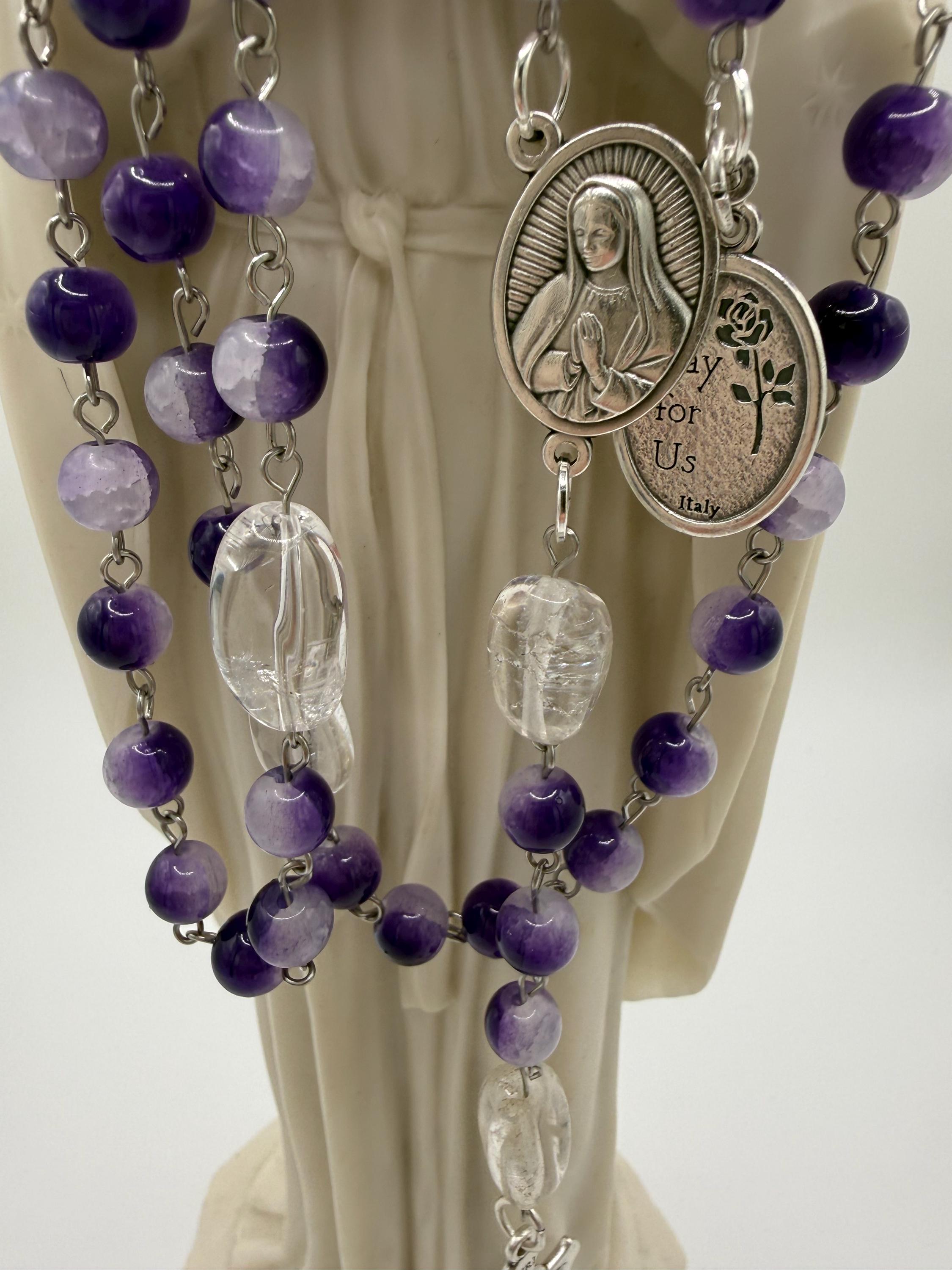Purple Cracked Glass Rosary with Clear Quartz, Blessed Mother & St. Pope Leo Medal