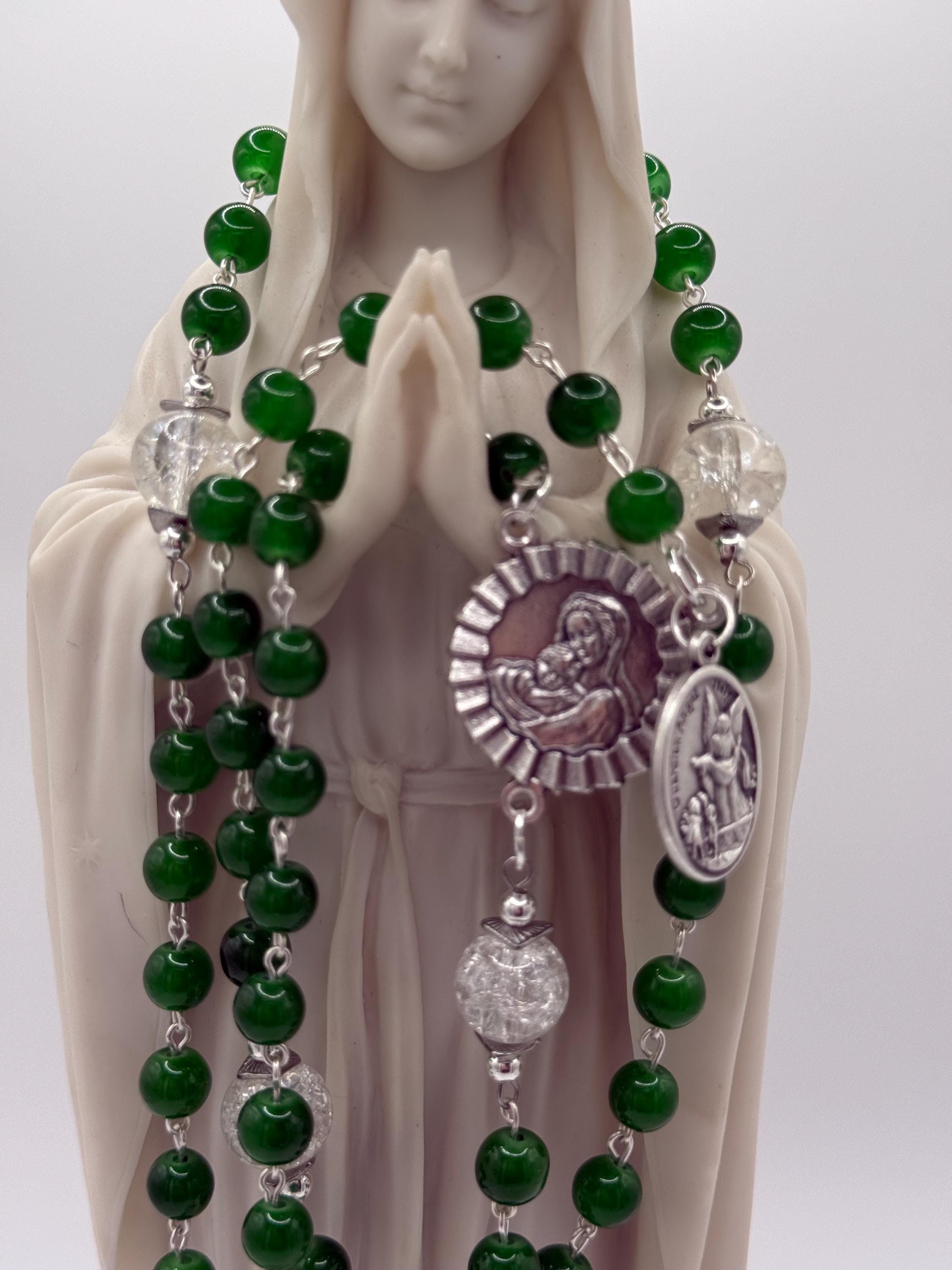 Handmade Green Rosary with Crackle Glass Beads, Miraculous Medal & Crucifix