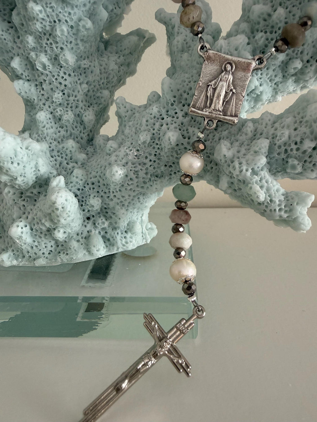 Title: Earth and Sea Natural Stone Rosary with Triple Nail Crucifix