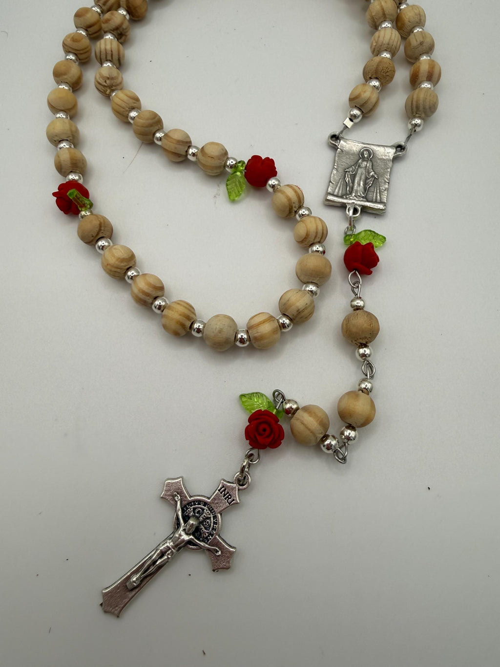 Wooden Rosary, Silver-toned Spacers, Red Rose  “Our Father Beads”