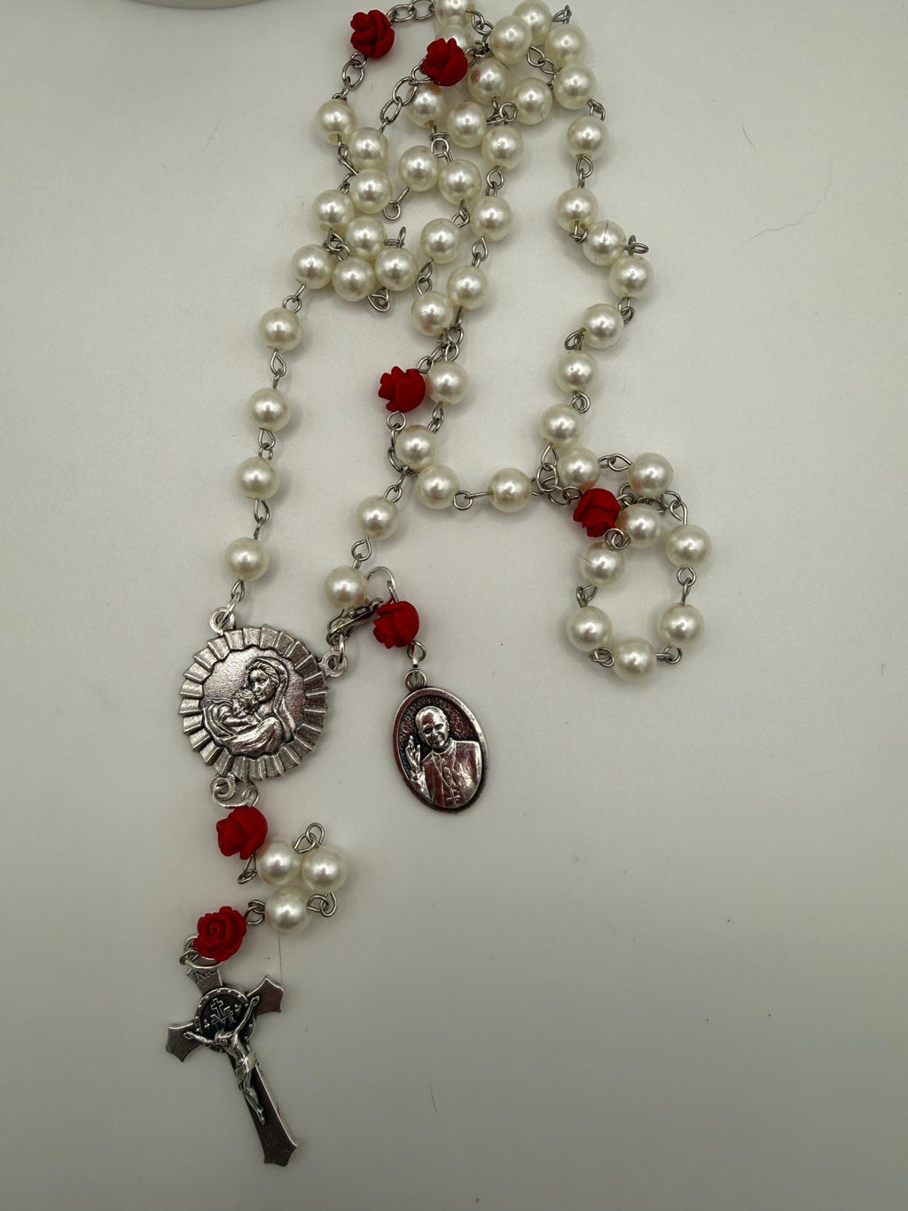 Pearl Like and Red Rose Handmade Rosary Catholic with Madonna Center & Crucifix Gift
