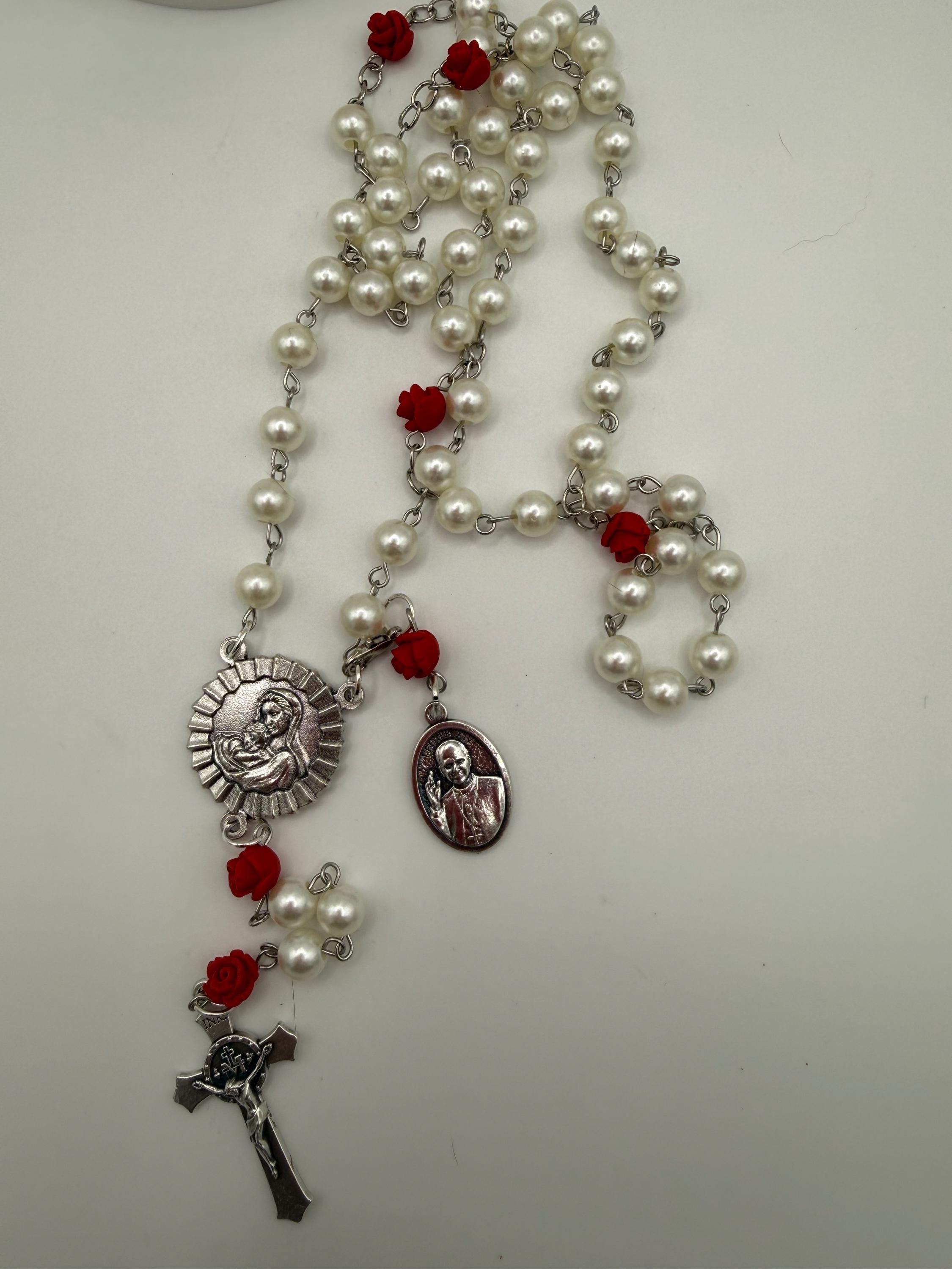 Pearl Like and Red Rose Handmade Rosary Catholic with Madonna Center & Crucifix Gift