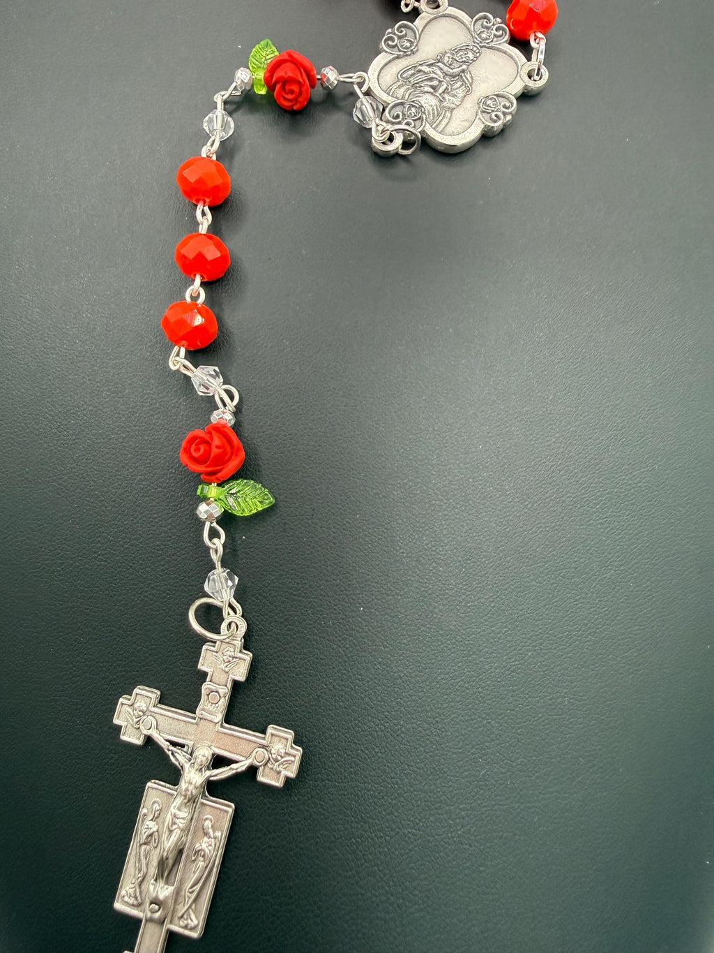 Red Crystal Rosary with Rose Beads - Handmade Devotional Gift