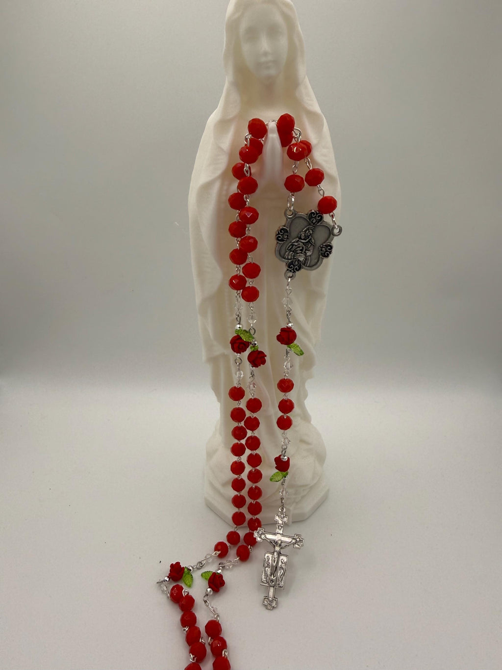 Red Crystal Rosary with Rose Beads - Handmade Devotional Gift
