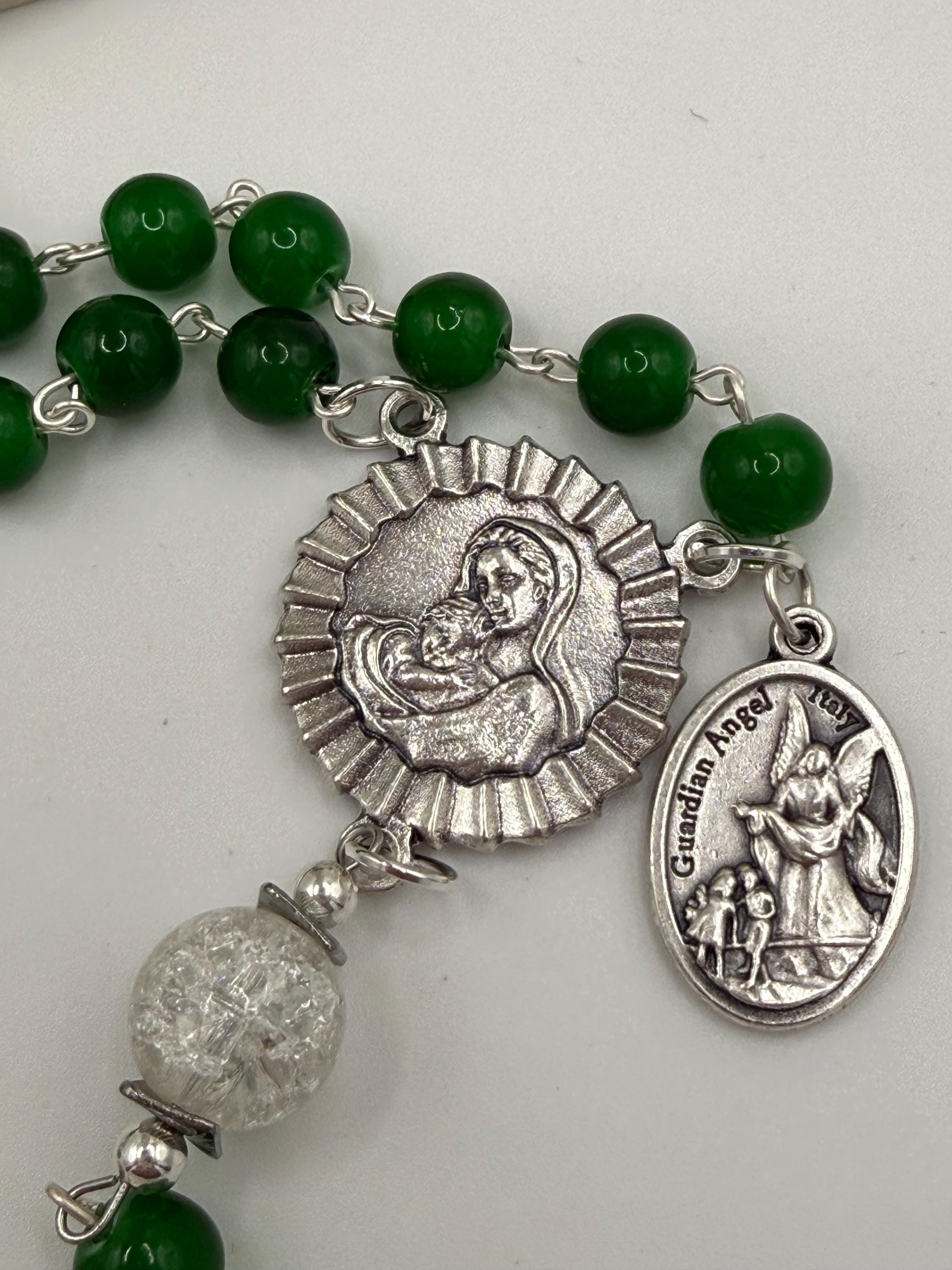 Handmade Green Rosary with Crackle Glass Beads, Miraculous Medal & Crucifix