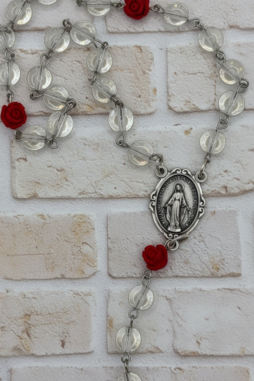 Clear Glass Rosary, Red Rose Beads, Miraculous Medal