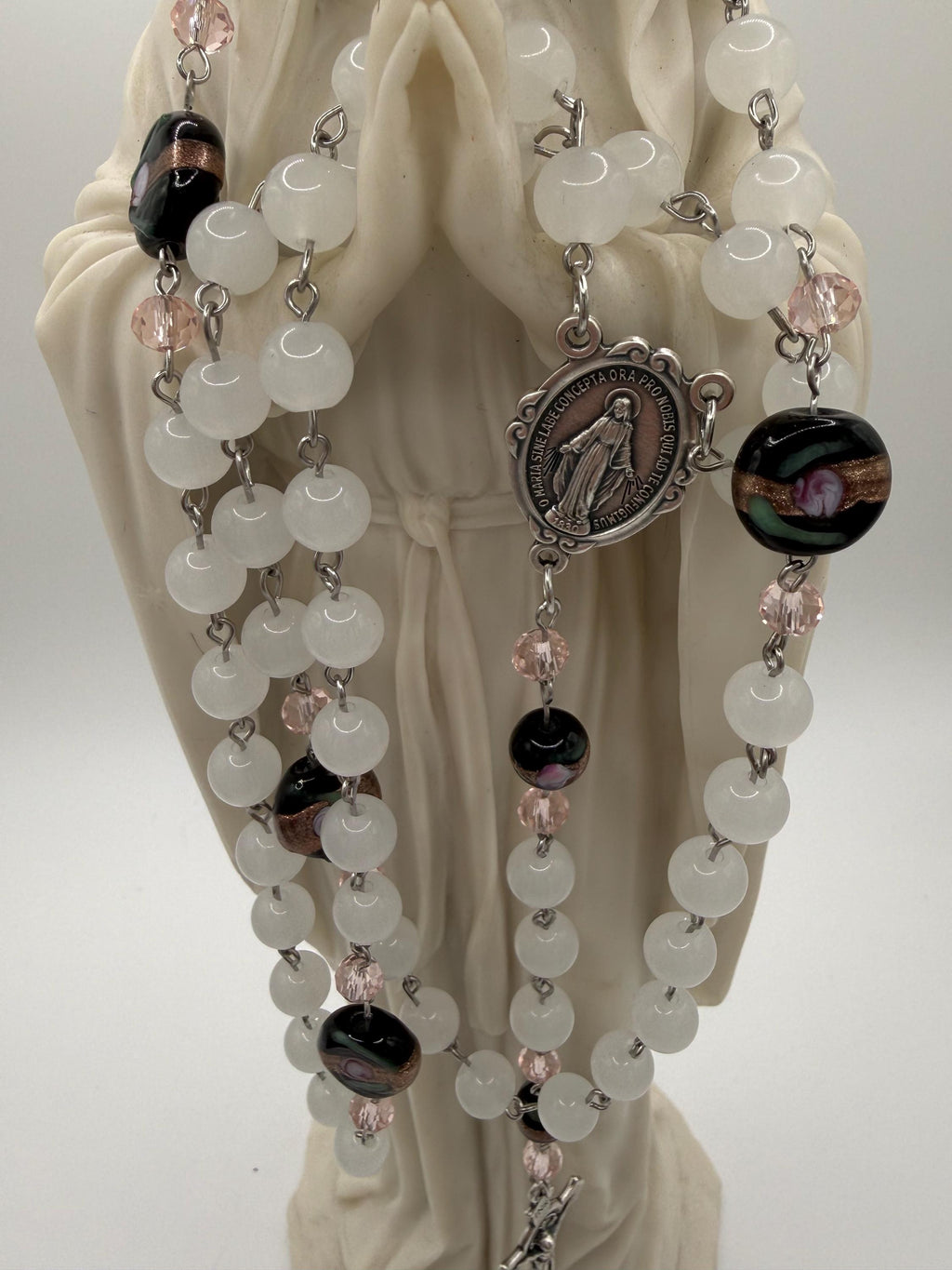Unique and One of a Kind Rosary With Black Beads and Pink Roses.