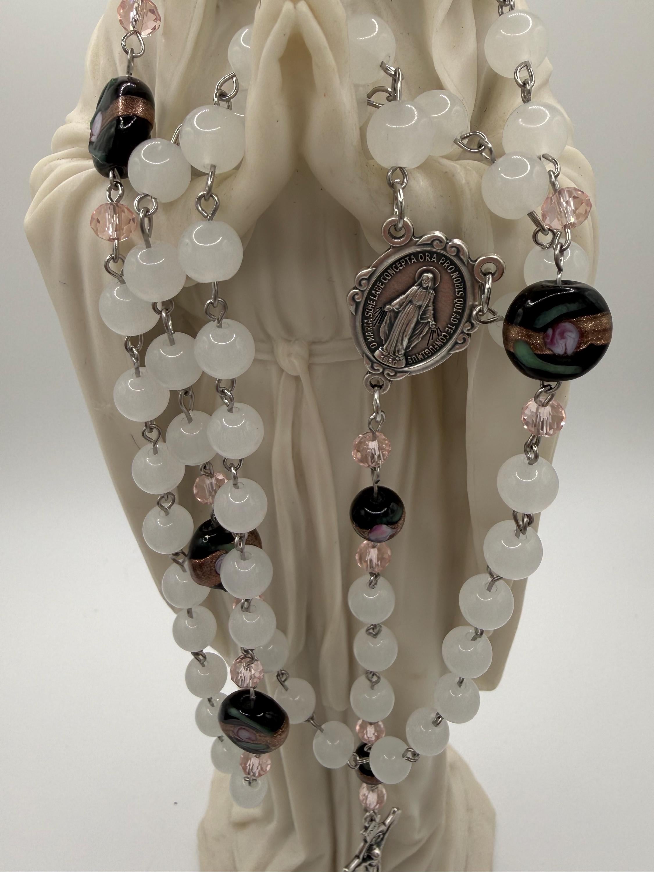 Unique and One of a Kind Rosary With Black Beads and Pink Roses.