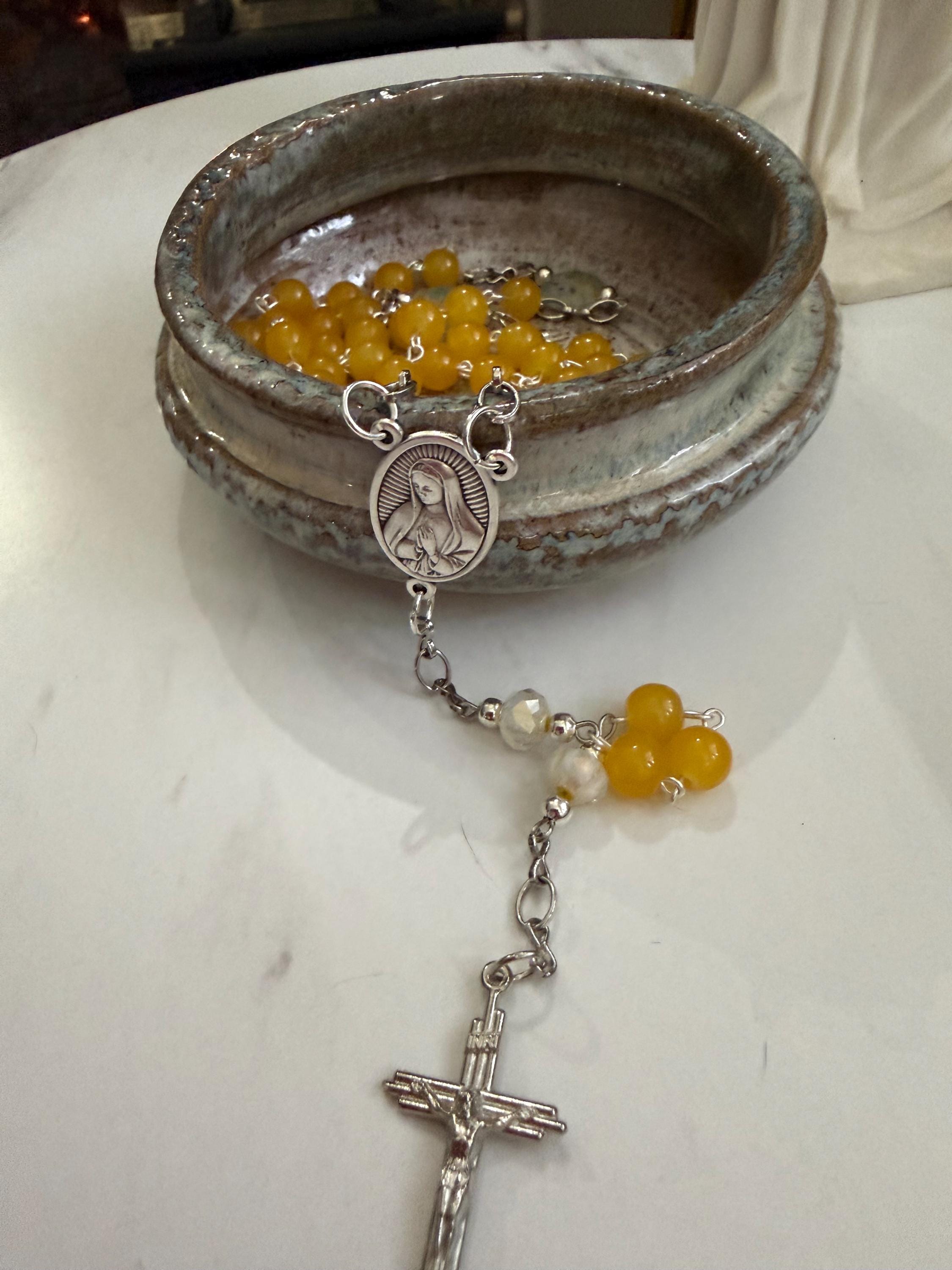 Yellow and White Floral Rosary with Mother Mary Centerpiece